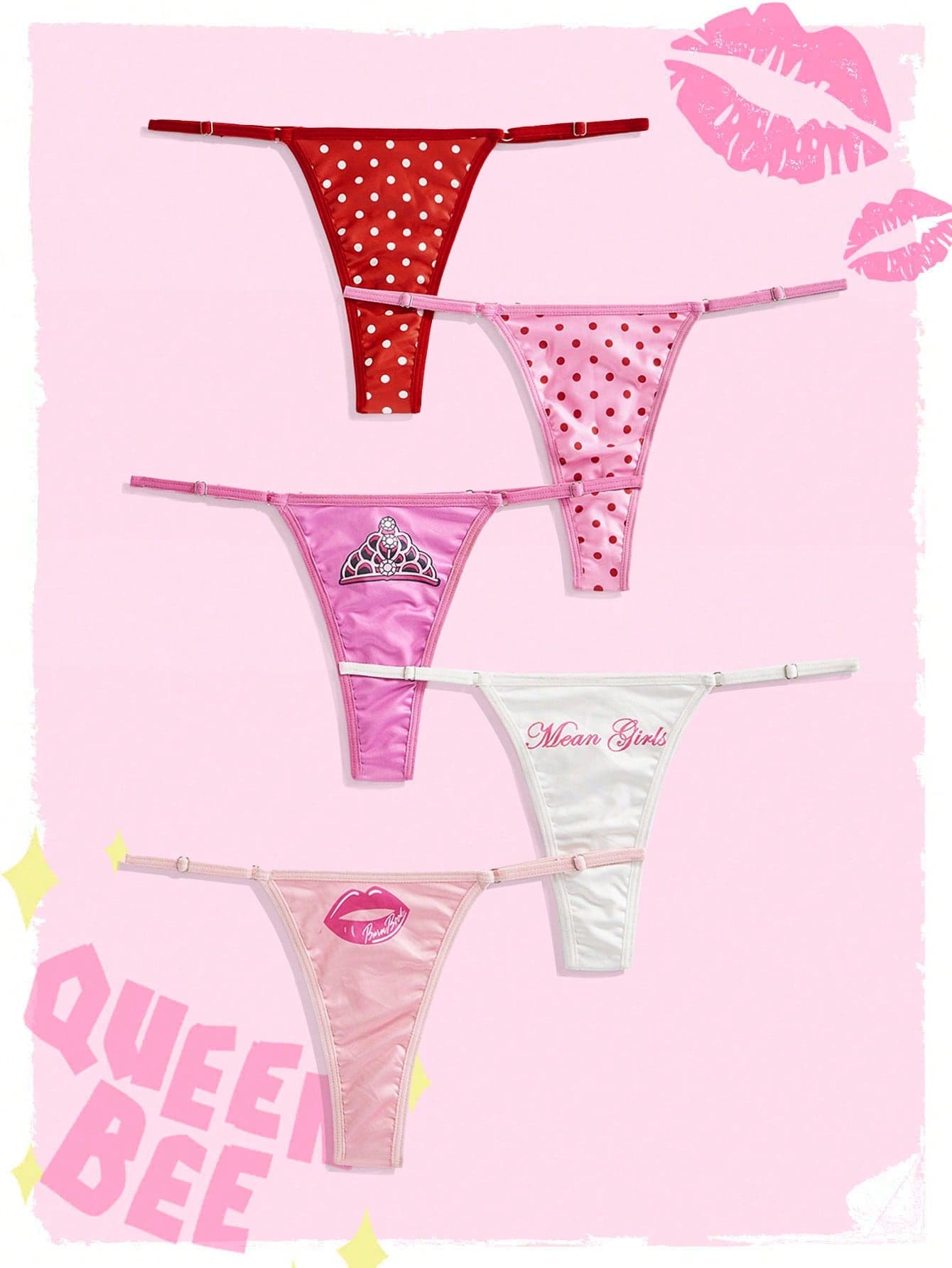 Mean Girls | ROMWE Polka Dot Lips Crown Narrow Side Women's T-Back Panty 5-Piece Set