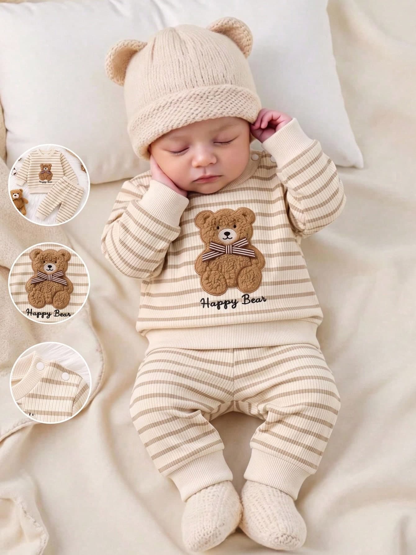 SHEIN Playful Pals 2pcs/Set Newborn Baby Boy Apricot Khaki Knitted Ribbed Striped Crew Neck Long Sleeve Pants Casual Cute Bear Embroidery Bow Decor Vintage Fashion Korean Style Minimalist Outfit, Suitable For Autumn/Winter Daily Indoor/Outdoor Various Occasions