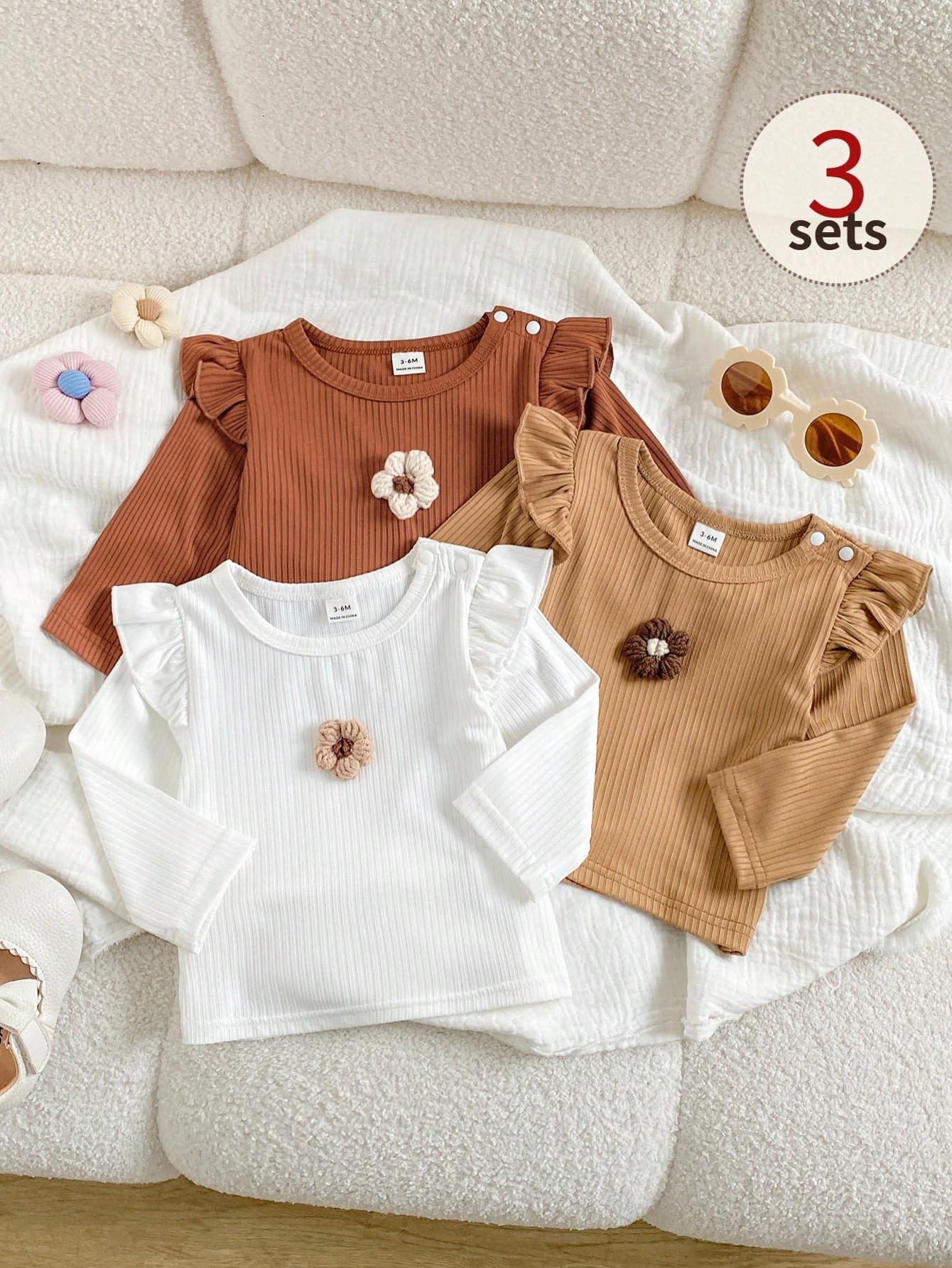 SHEIN Playful Pals Infant Girls Casual All-Match Versatile Round Neck Flutter Sleeve Front Center 3D Crochet Floral Multi-Color Tops Multi-Piece Set Autumn
