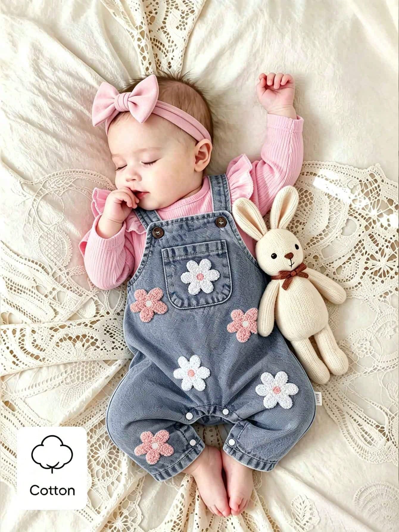 SHEIN 2pcs/Set Baby Girl Korean Style Fresh Floral Embroidered Denim Overalls Set, Pink Flutter Sleeve Ribbed Long Sleeve T-Shirt, Exquisite Embroidery, Soft Fabric, Regular Thickness, Infant Toddler 2-Piece Set, Spring/Autumn New Arrival, Suitable For Party, Celebration, Daily Wear, 0-1 Years