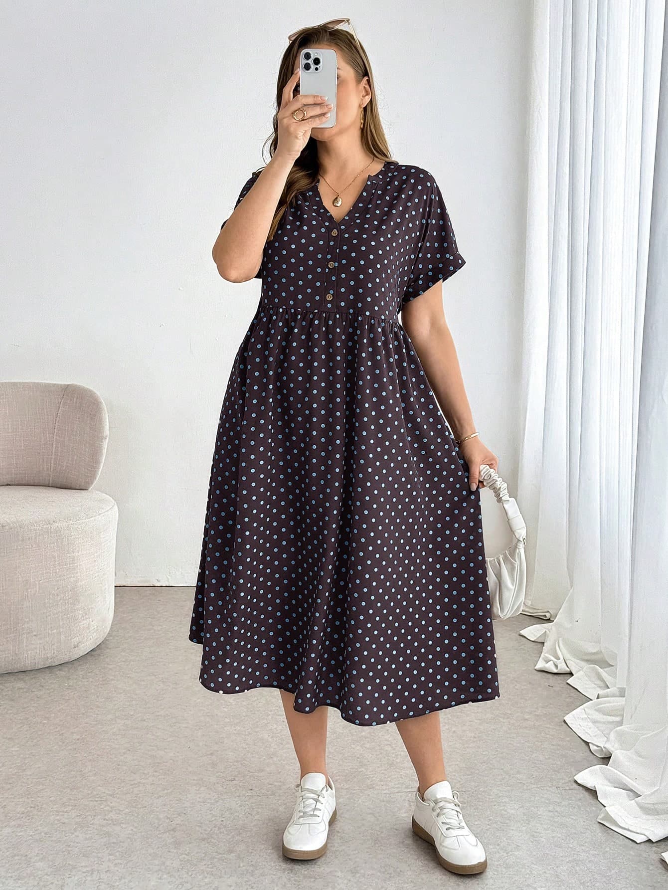 SHEIN Essnce Plus Size Women's Polka Dot Print Notch V-Neck Short Sleeve Casual 1920s 1950s Vintage 70's 90s Casual Formal Dress Party Vacation Dark Purple Summer