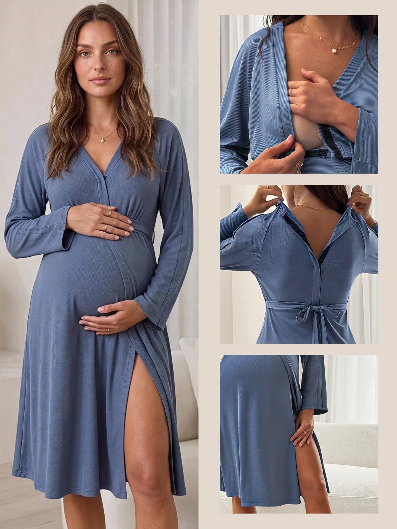 Slowluna Maternity Solid Color Nursing Dress With Split Design