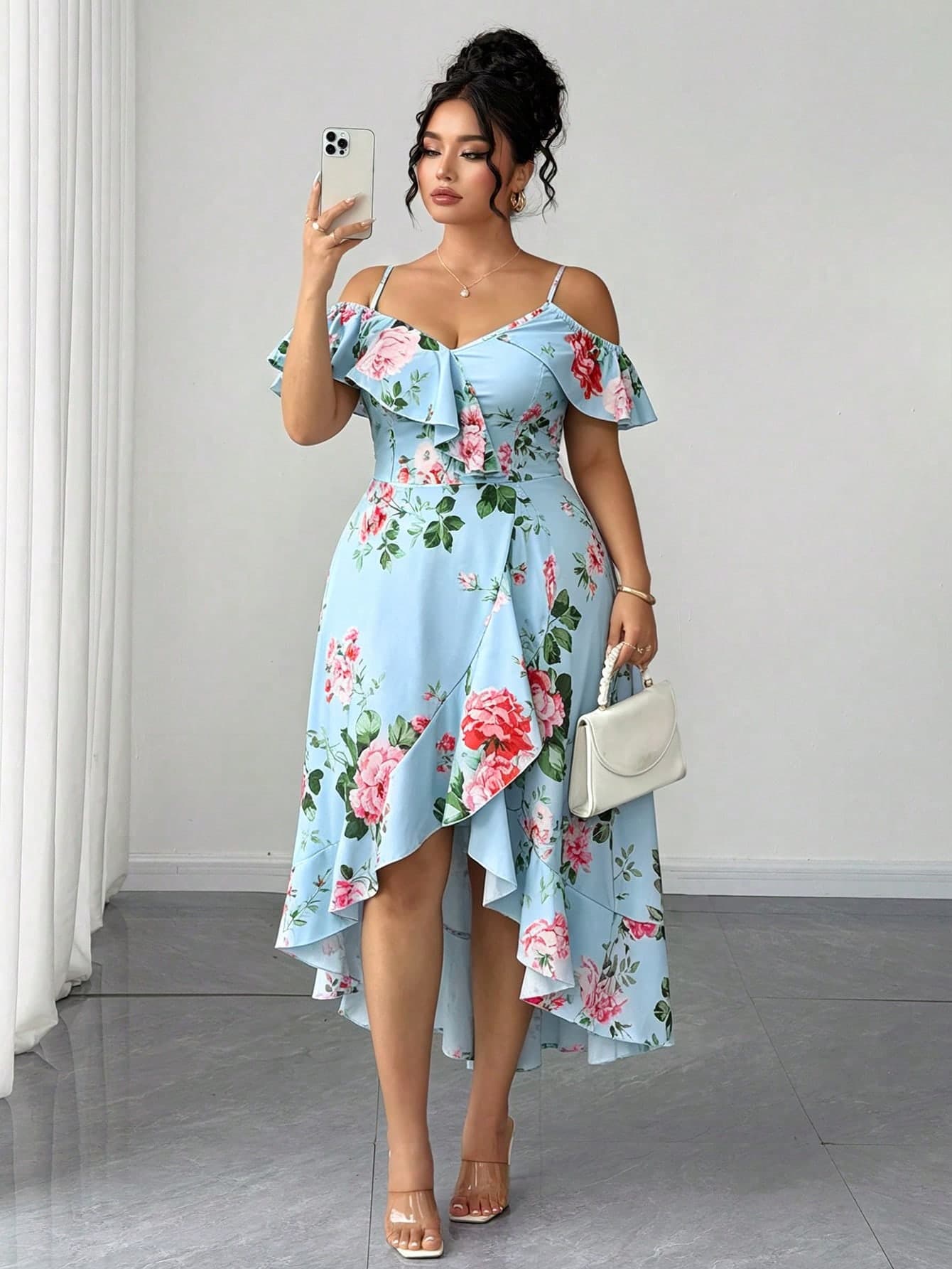 Elenzga Women's Plus Size Spaghetti Strap Back Tie Two-Way Wear Printed Elegant Casual Dress