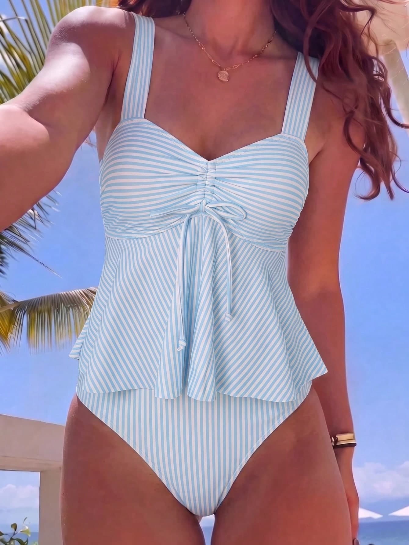 Swim Mod Women's Sweet Ruched Striped Print Thick Strap Spaghetti Strap Tank Top Bikini Two-Piece Swimsuit Set