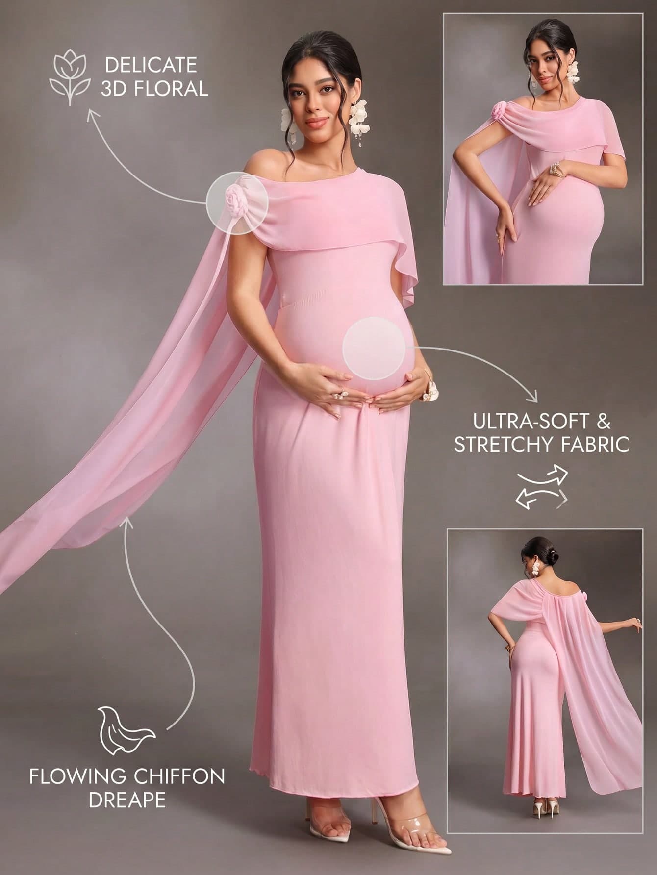 Cheriluna Maternity Maternity Sweet Maternity Fashion 3D Floral Decor Shawl Style Photography Dress Gender Reveal Photoshoot Blue And Pink
