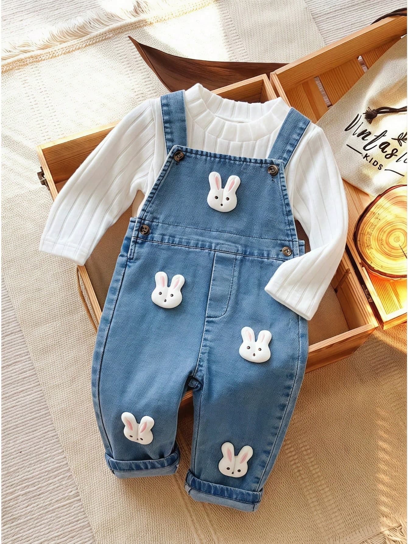 SHEIN Vintaside Kids 2pcs Baby Girl Spring/Autumn Cute Rabbit Outfit, White Ribbed Crew Neck Long Sleeve Bodysuit, Paired With Washed Denim Overall Pants, 3D Rabbit Patch