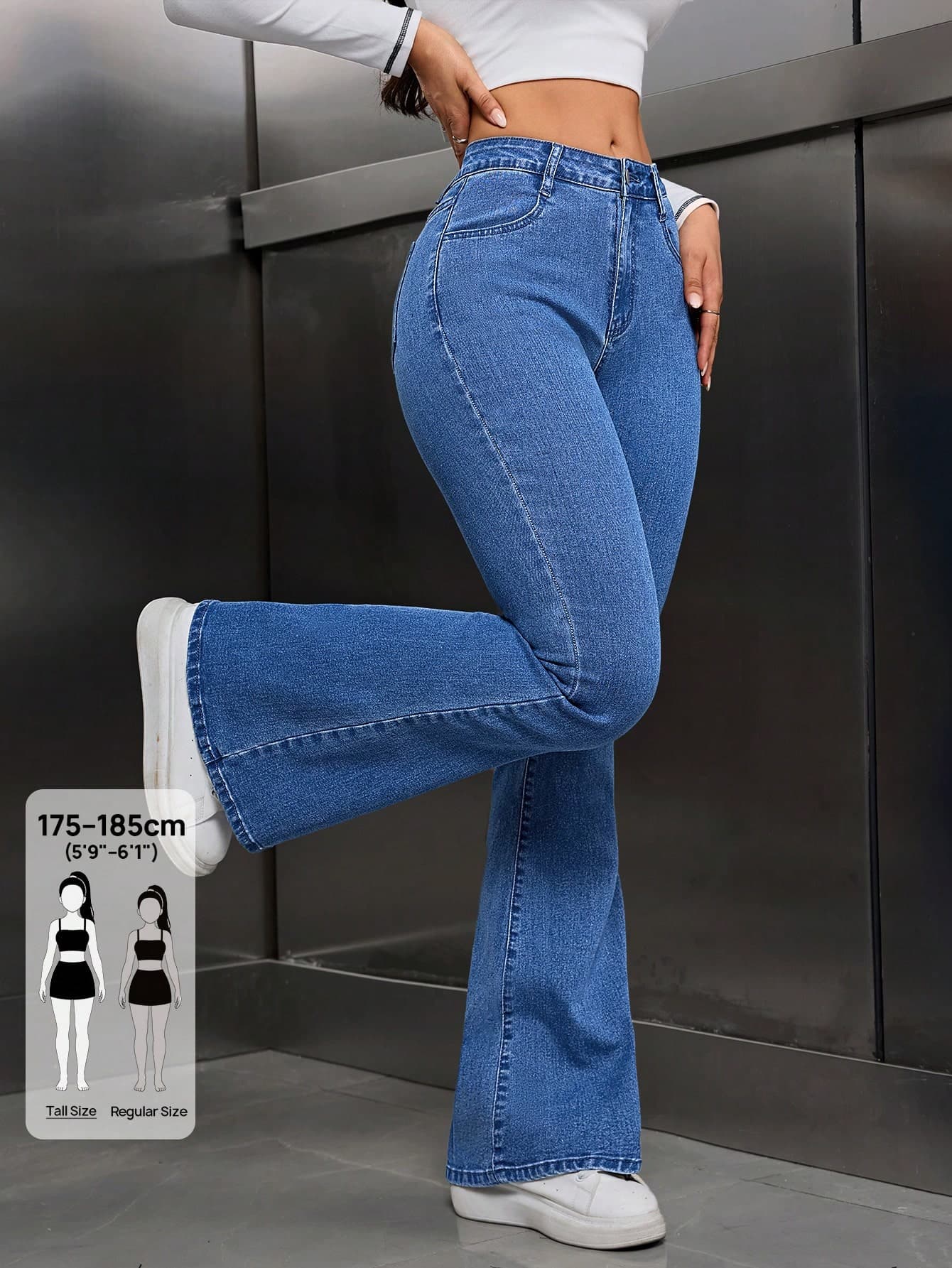 SHEIN Tall Women's Solid Color Pockets Casual Versatile Flare-Leg Jeans, Tall Women