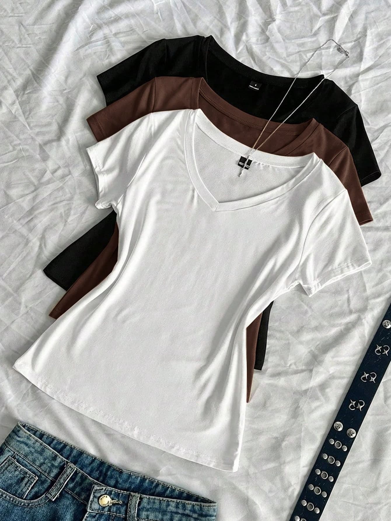 SHEIN EZwear 3pcs Women's Summer V-Neck Fitted T-Shirt, Punk Casual Subculture Anime Solid Color Basic Short Sleeve Slim Fit Everyday White Chocolate Brown Black