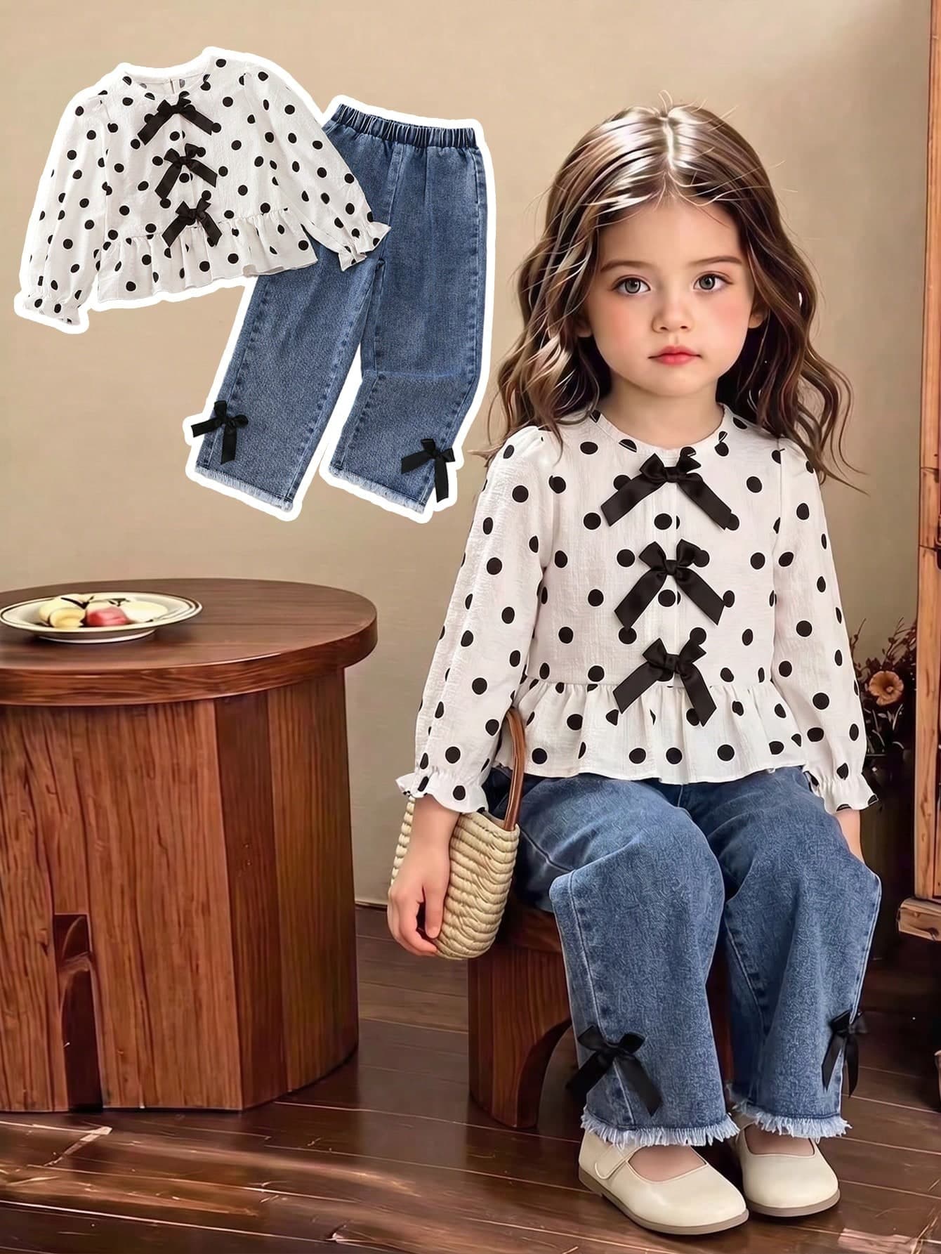 Girls' 2pcs Set Polka Dot Bow Waist Ruffle Long Sleeve Top And Straight Leg Denim Mid-Length Pants, Black And White Polka Dot With Blue Denim, 3D Bow, Polka Dot Print, Frayed Hem, Loose Fit, Soft Washed Cotton Denim, Sweet Vintage Style, Casual Versatile For School, Party, Spring/Summer/Autumn