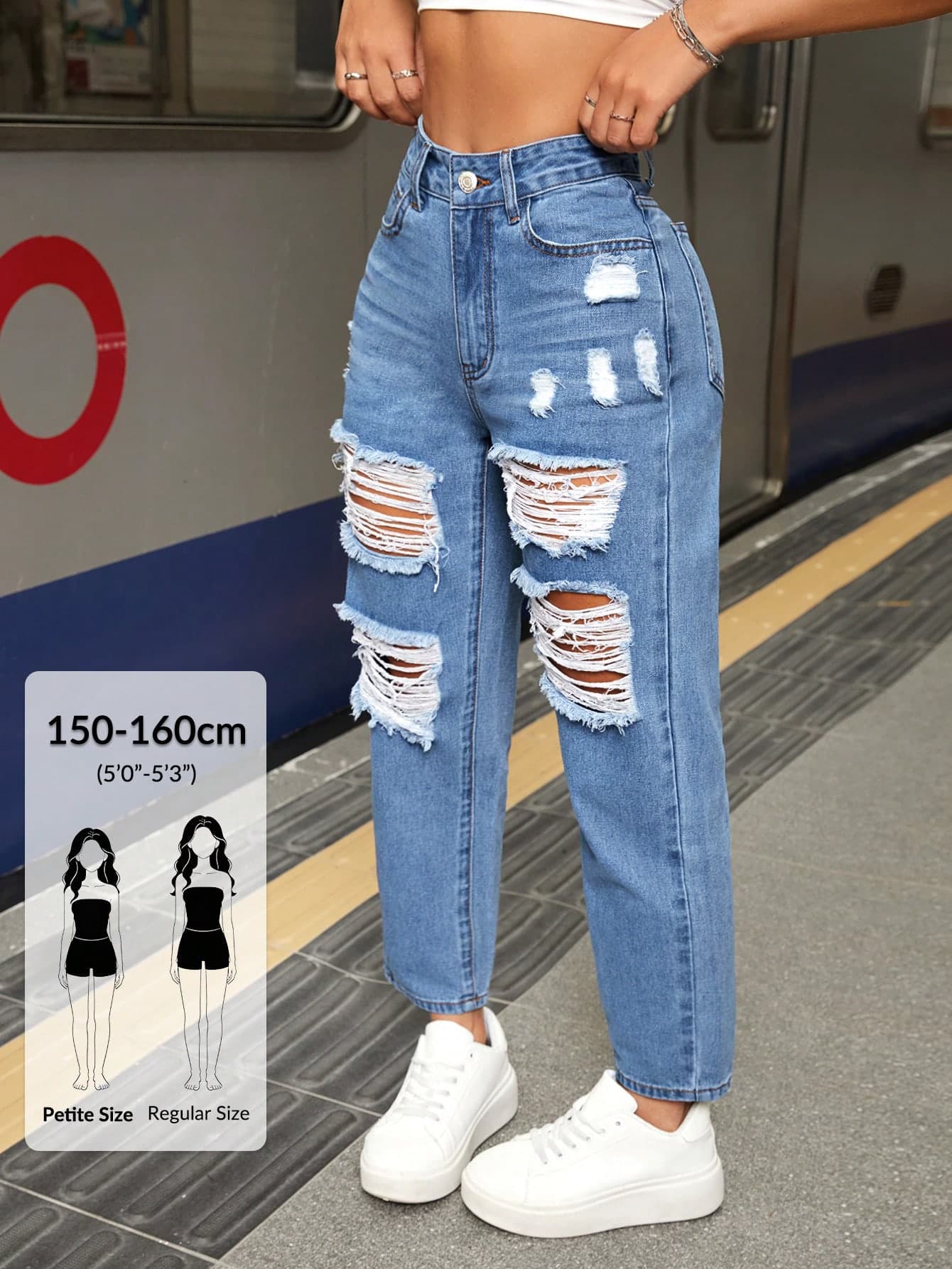 SHEIN PETITE Women's Blue Front Button Pocket Distressed Casual Denim Baggy Jeans,Summer Streetwear Ripped Mid Waisted Boyfriend Loose Fit Stretchy City Break ,Petite Women