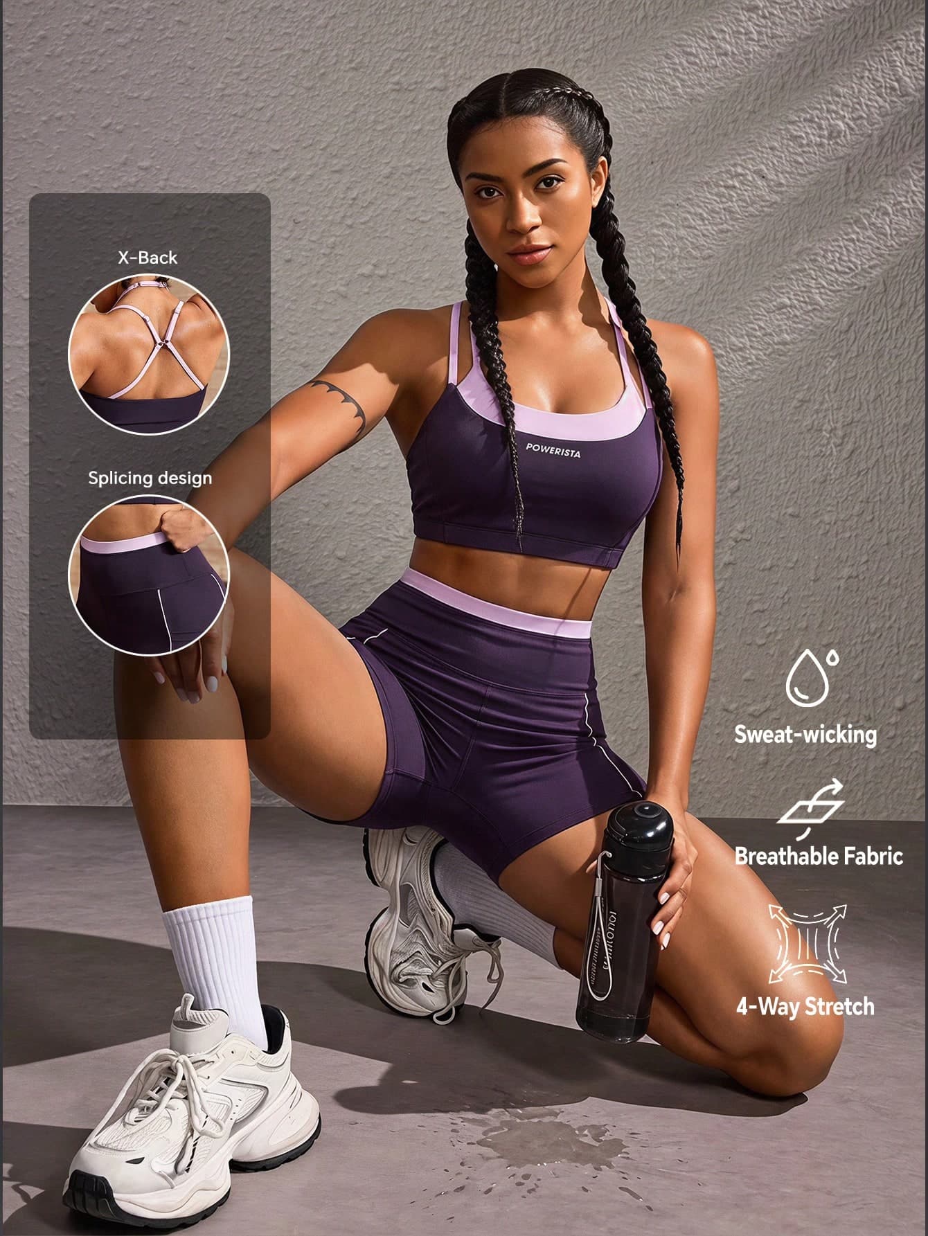 Powerista Women's Simple Daily Sports Set Purple And Pink Color-Blocked Faux Two-Piece Fashion Sportswear Breathable Running Fitness Summer Casual Workout Gym