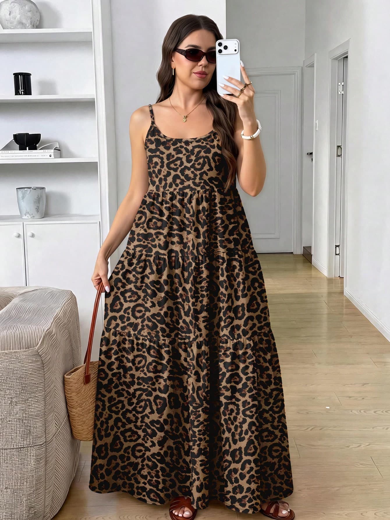 Comfylo Plus Size Women's Leopard Print Spaghetti Strap Dress With Ruffle Hem
