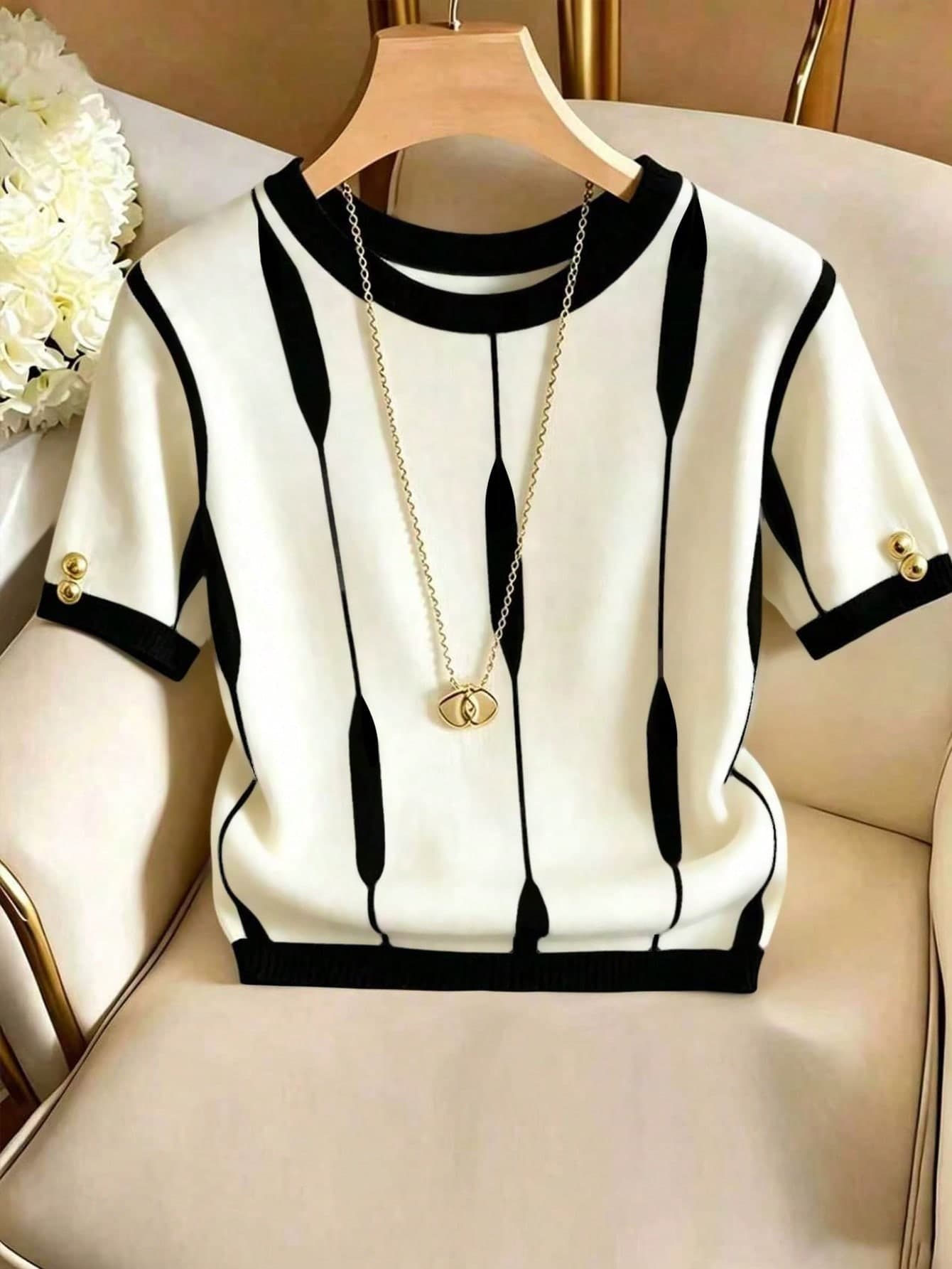 SHEIN Franclia Women's Contrast Color Round Neck Short Sleeve Casual Versatile T-Shirt