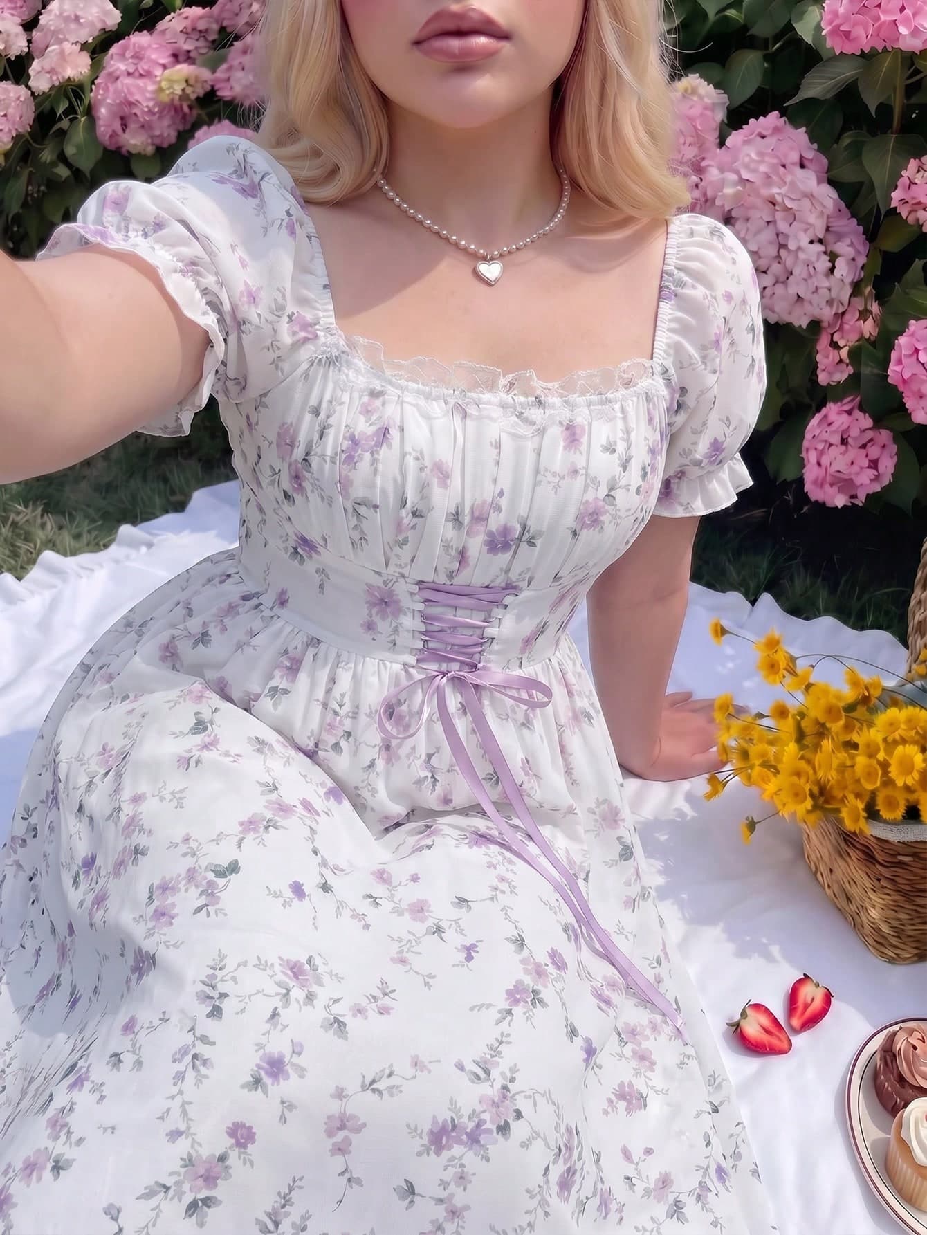 Lyrianda Sweet Romantic Vacation Ditsy Floral Short Sleeve Waist-Tie Maxi Dress