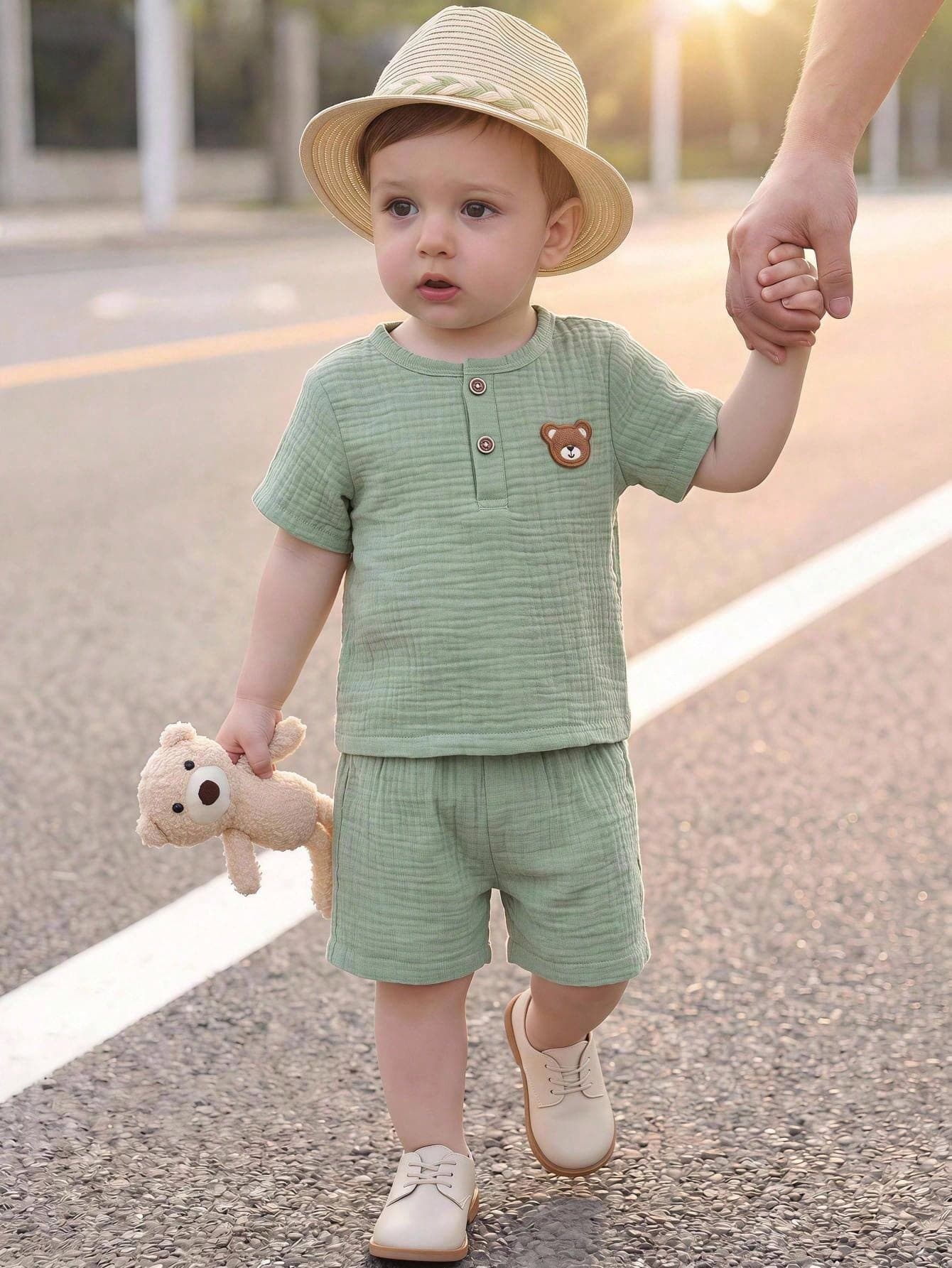 Souflis Souflis French Style New 2pcs Baby Boy Cute Casual Bear Print Short Sleeve Top And Pants Set