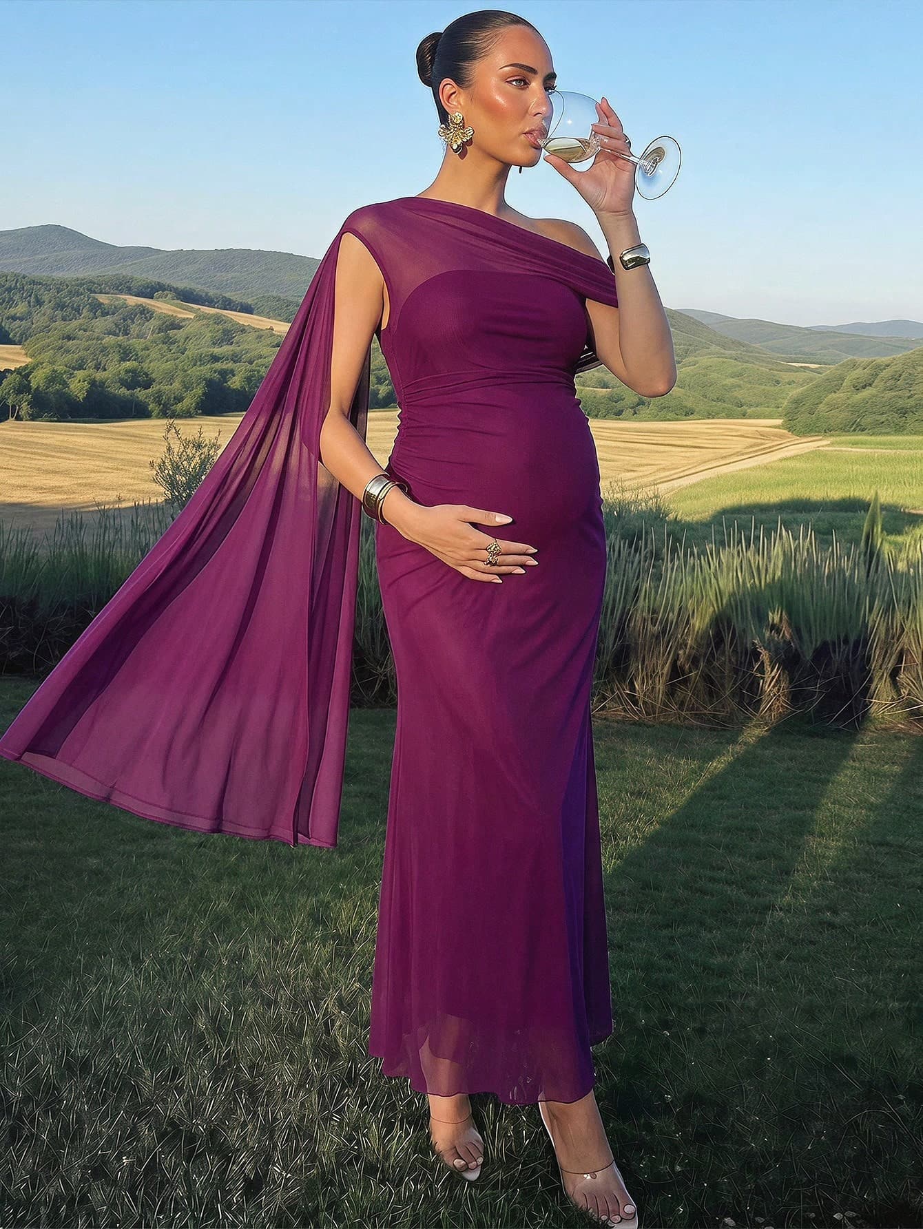 MaterniChic Maternity Solid Color One-Shoulder Ribbon Design Fitted Elegant Dress Autumn Outfit Wedding Guest Dress Luxury Evening Elegant Dresses