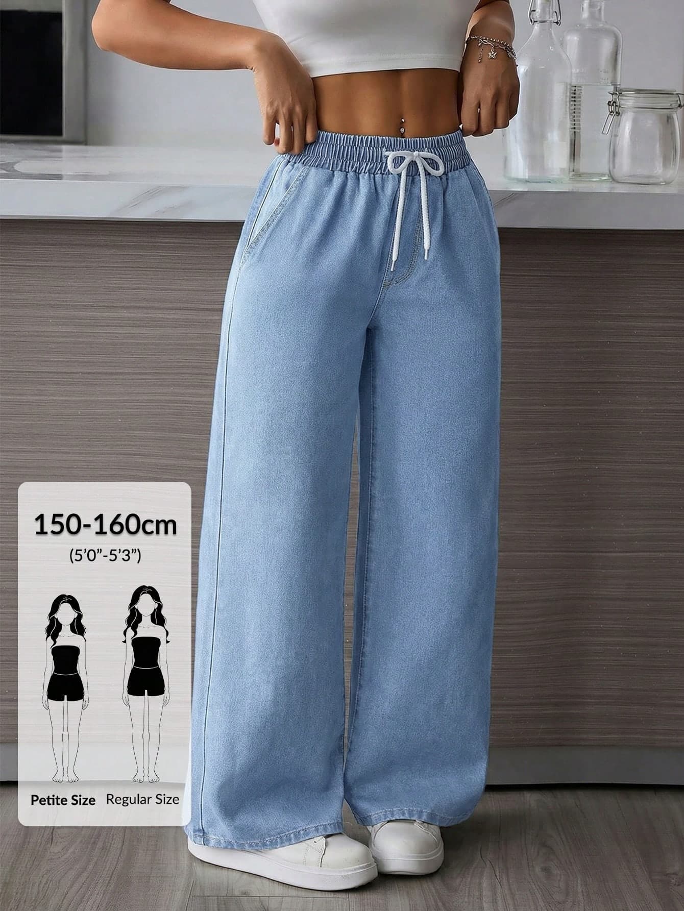 SHEIN PETITE Women's Elastic Waist Drawstring Relaxed Straight Leg Casual Jeans ,Petite Women
