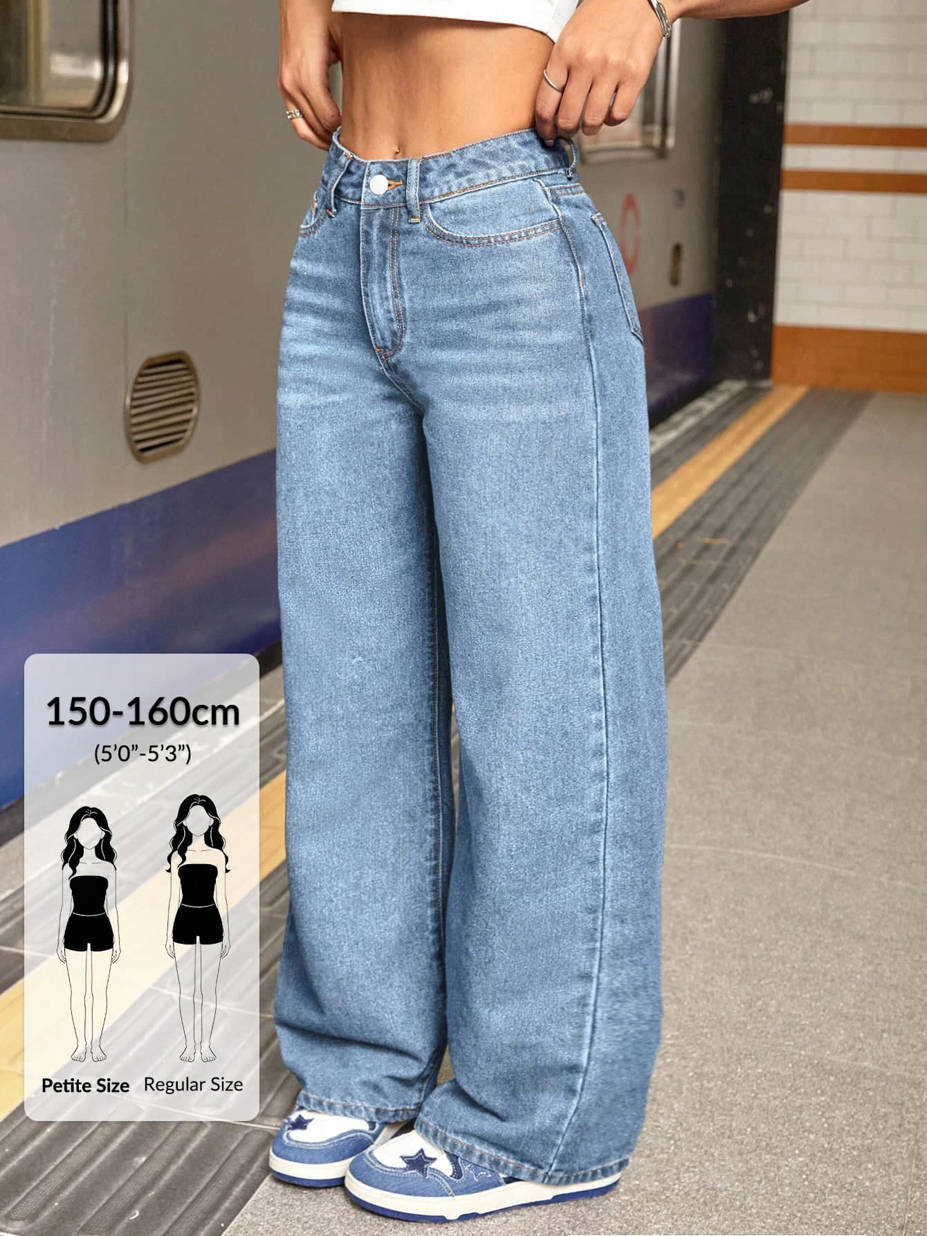 SHEIN PETITE Women's Casual Loose Fit Wide Leg Jeans With Pockets, Versatile ,Petite Women