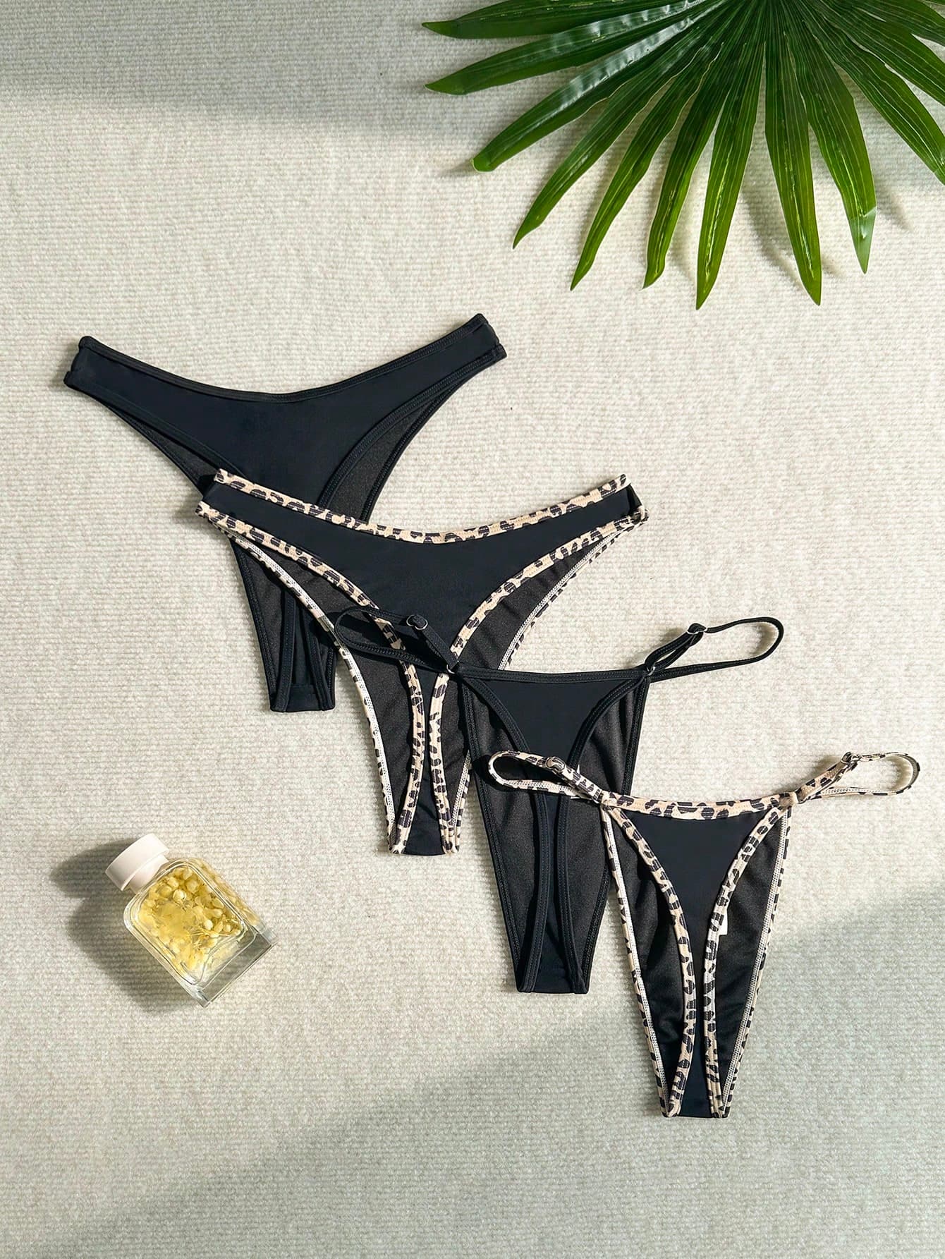 Swim Vcay Women's 4-Piece Set Summer Black Sexy Leopard Print Trim Triangle Bikini Bottoms With Thong Swimwear