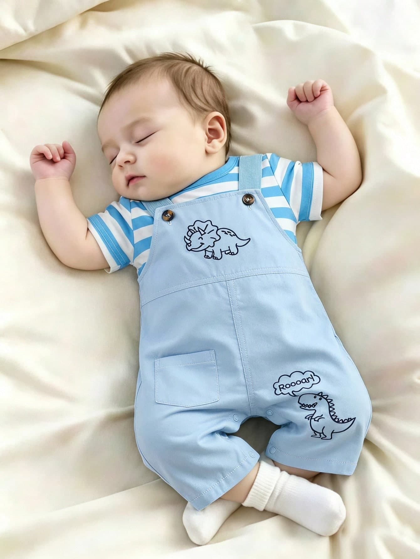 SHEIN Playful Pals Baby Boy Striped T-Shirt And Cute Cartoon Elephant Animal Embroidered Overall Shorts Set (Random Asymmetric Striped Sleeves)
