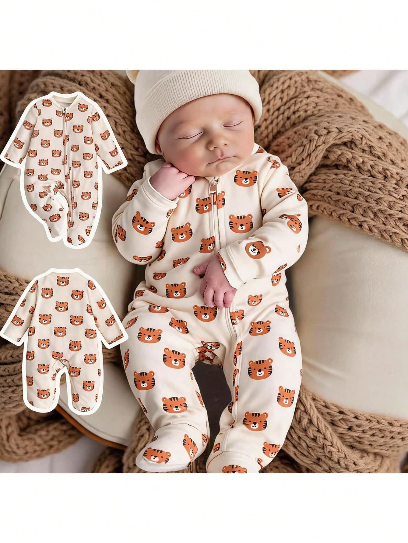 SHEIN Newborn Baby Girl Cute Casual Knitted Cartoon Pattern Long Sleeve Loungewear