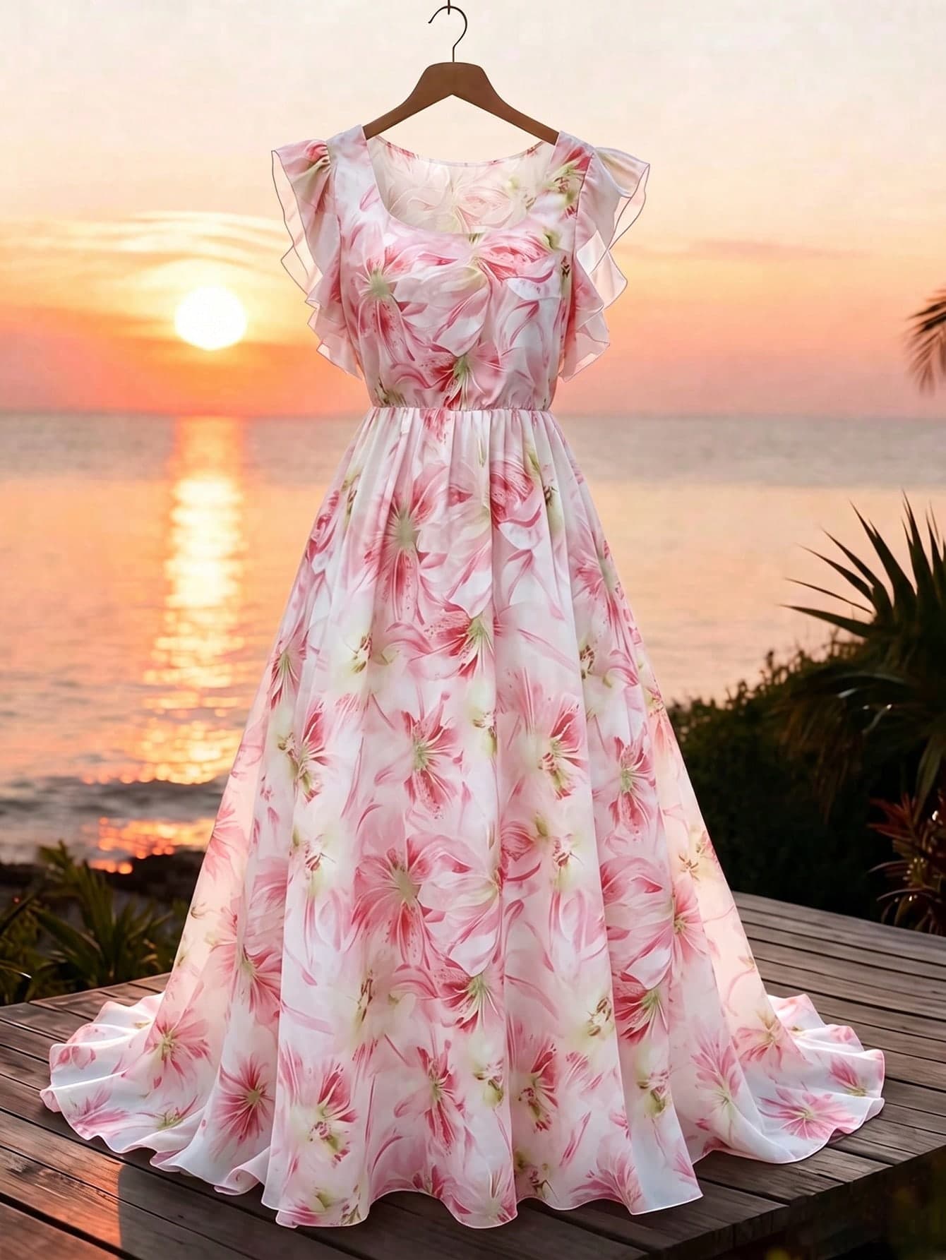 GlowEve CURVE Plus Size Women's French Romantic Fairy Beach Vacation Gentle Sweet Ruffle Sleeve Daily Elegant Elegant Dress