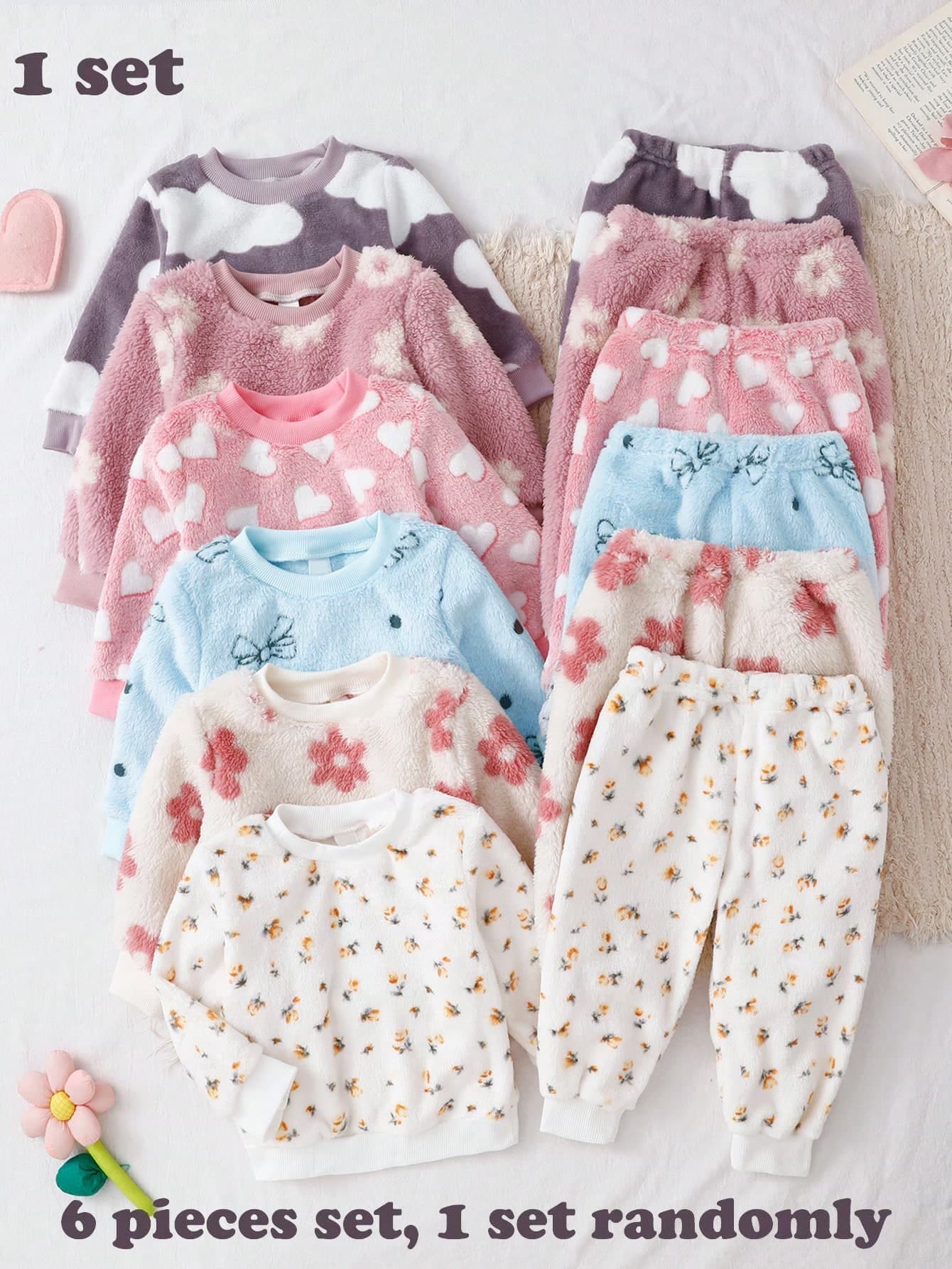 Baby Girl Elegant Cloud & Floral Print Ribbed Collar Long Sleeve Pants Fleece Loungewear, Random 6-In-1/2-Piece Set