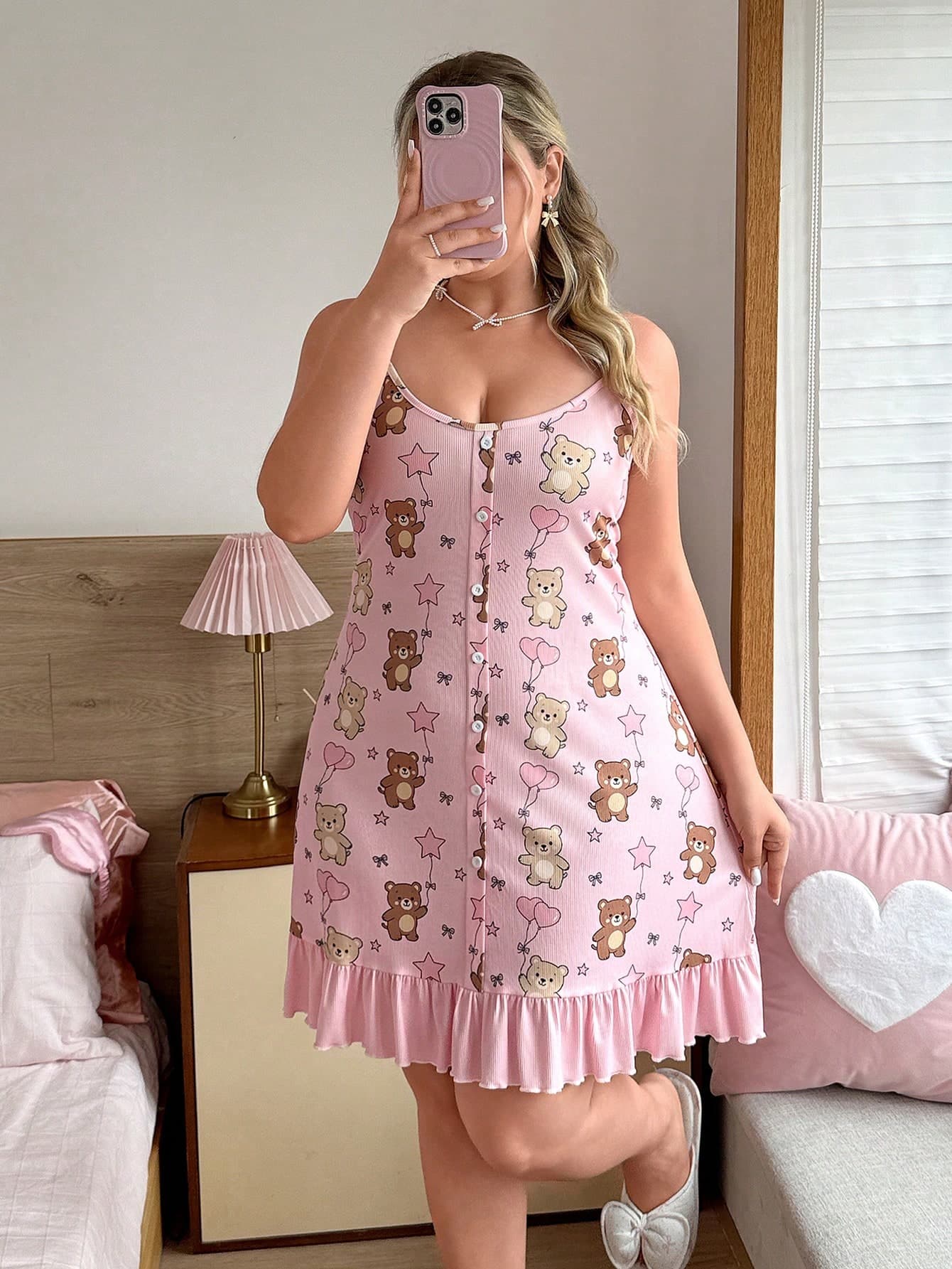 Slumberry CURVE Plus Size Cartoon Print Ruffle Hem Cami Nightgown