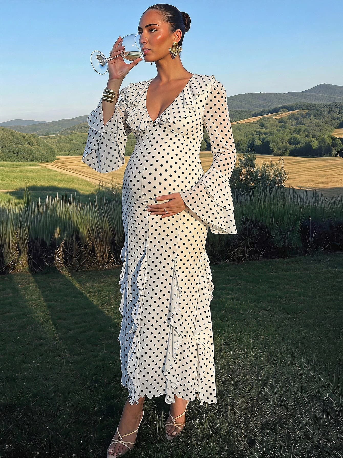 MaterniChic Maternity Polka Dot Ruffle Hem White Party & Casual Summer Dress Autumn Outfit Wedding Guest Dress Luxury Evening Elegant Dresses Ruffle Dress Fall