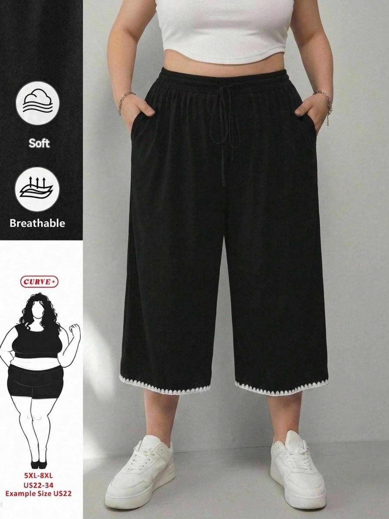 SHEIN CURVE+ Plus Size Women's Black Lightweight Ice Silk Ribbed Knit Casual Pants, With Pockets, Drawstring Waist, Loose Fit, Suitable For Summer Sports, Holidays, Plus Size Women's Clothing
