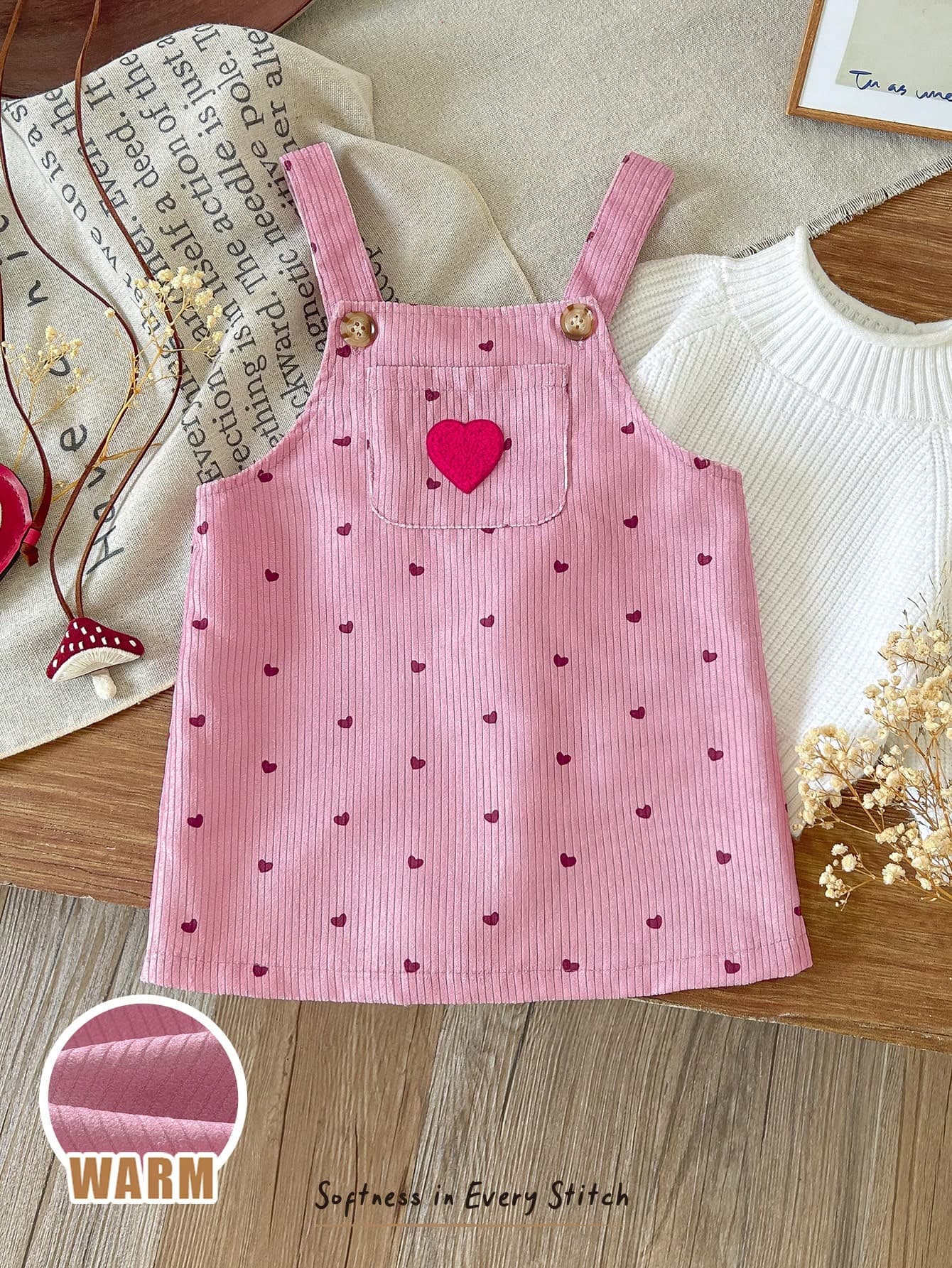 Cozy Pixies Baby Girl Cute Pink Heart Corduroy Overall Dress, Suitable For Autumn/Winter Wear