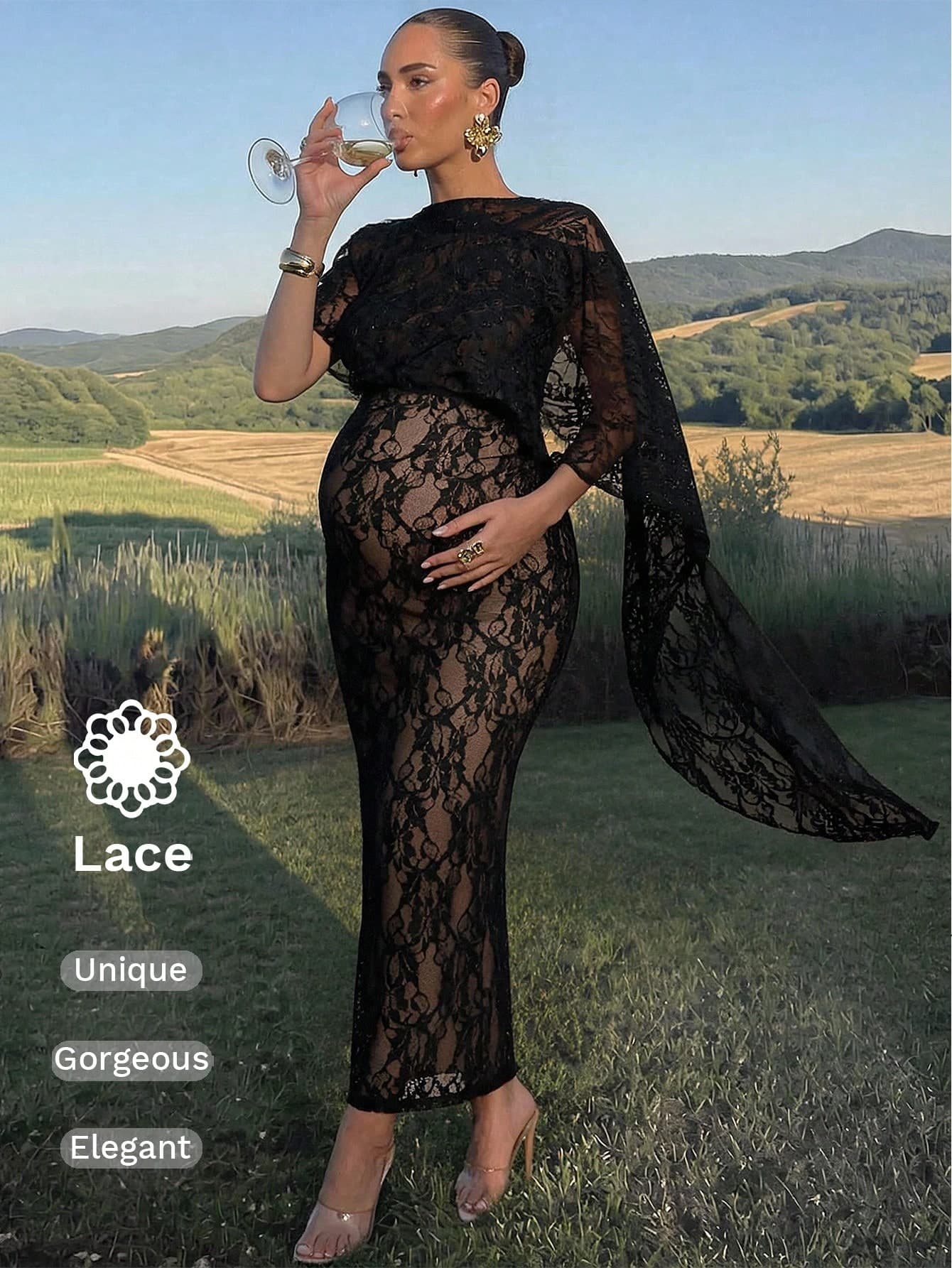MaterniChic Maternity Lace Shawl Design Fitted Elegant Dress Autumn Outfit Wedding Guest Dress Luxury Evening Elegant Dresses Formal Dress Black Dresses