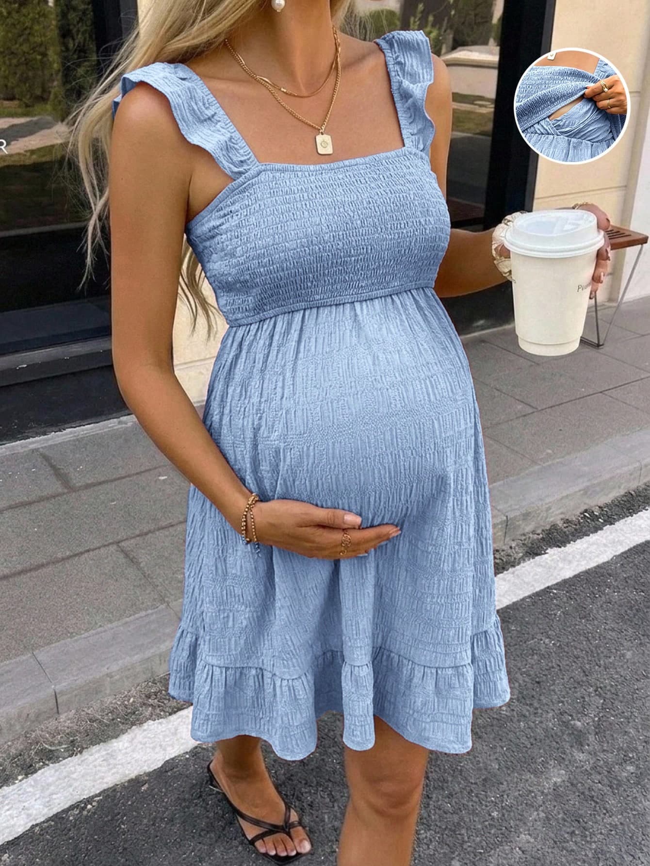SHEIN Maternity Solid Color Nursing Function Casual Daily Wear Dress Photoshoot