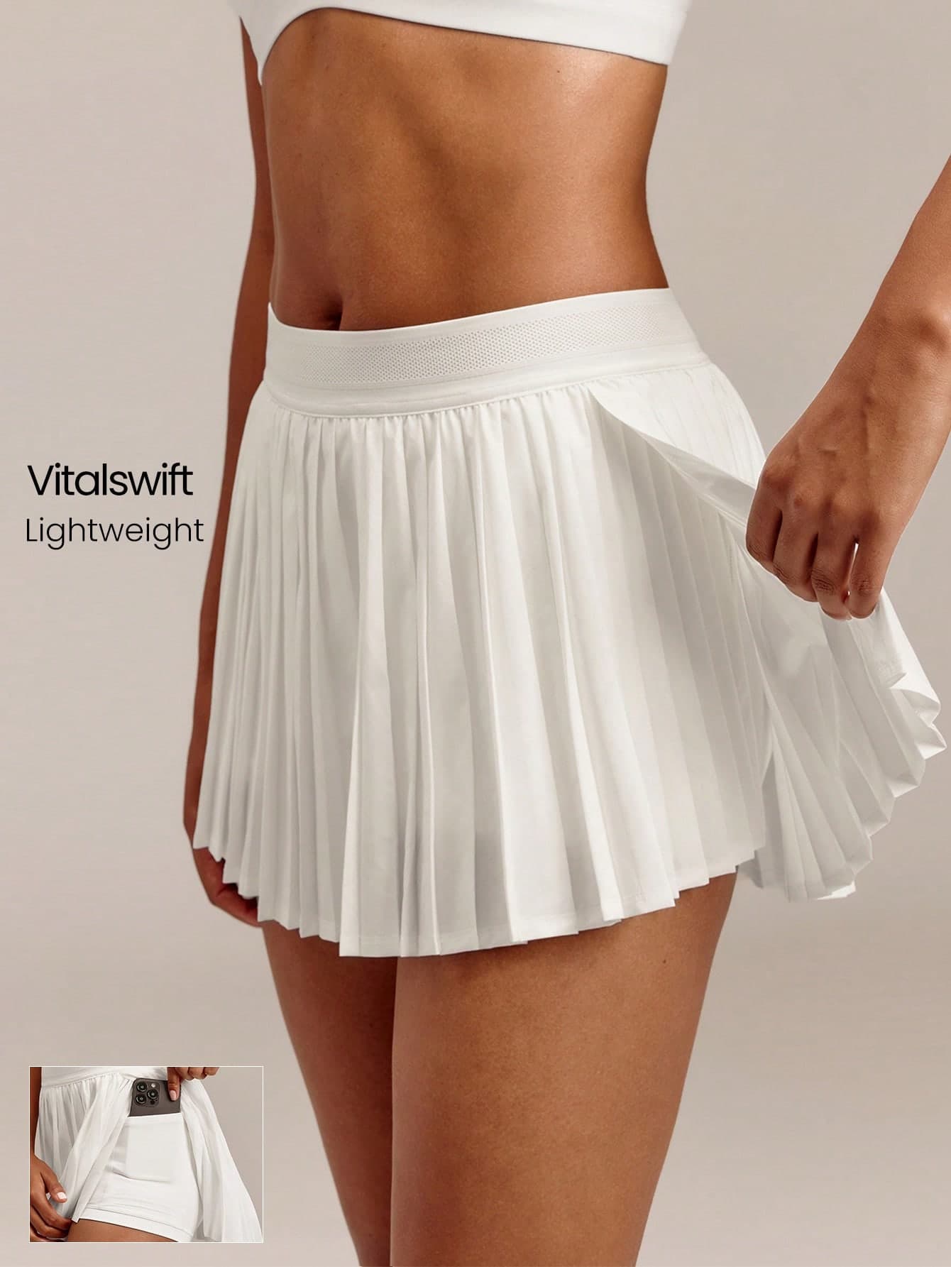 GLOWMODE VitalSwift Sweat-Wicking Quick-Dry UPF50+ Lightweight W-Shape Contrast Mesh Waistband Pleated Mini Tennis Skirt With Built-In Shorts Dual Phone Pockets Mesh Tennis Ball Pocket Golf Tennis Pickleball Active Wear