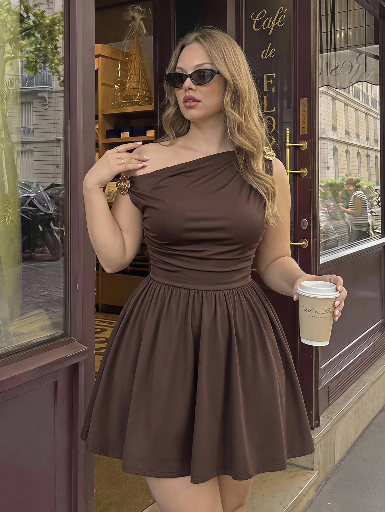 SHEIN MOD Plus Size Women's Asymmetric Shoulder Mini Dress,Elegant Summer Party Dress,Metal Flower Decor,Fitted Waist,Graduation,Wedding Guest,Elegant , Brown