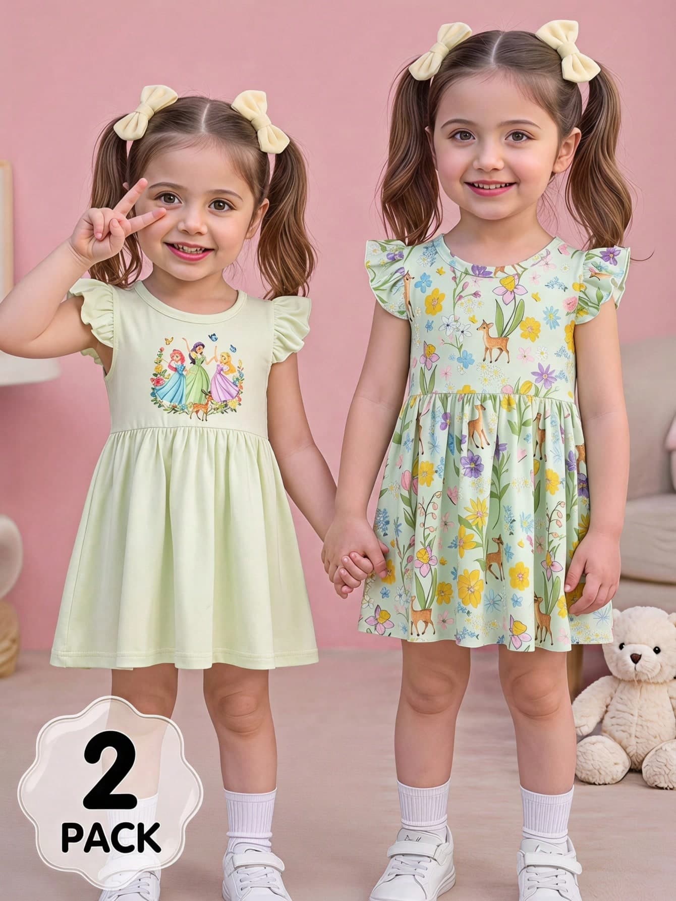 Souflis Souflis 2pcs Summer Baby Girl Dresses, Purple Flutter Sleeve Dress With Cat Face And Forest Animal Rabbit Cute Print Design