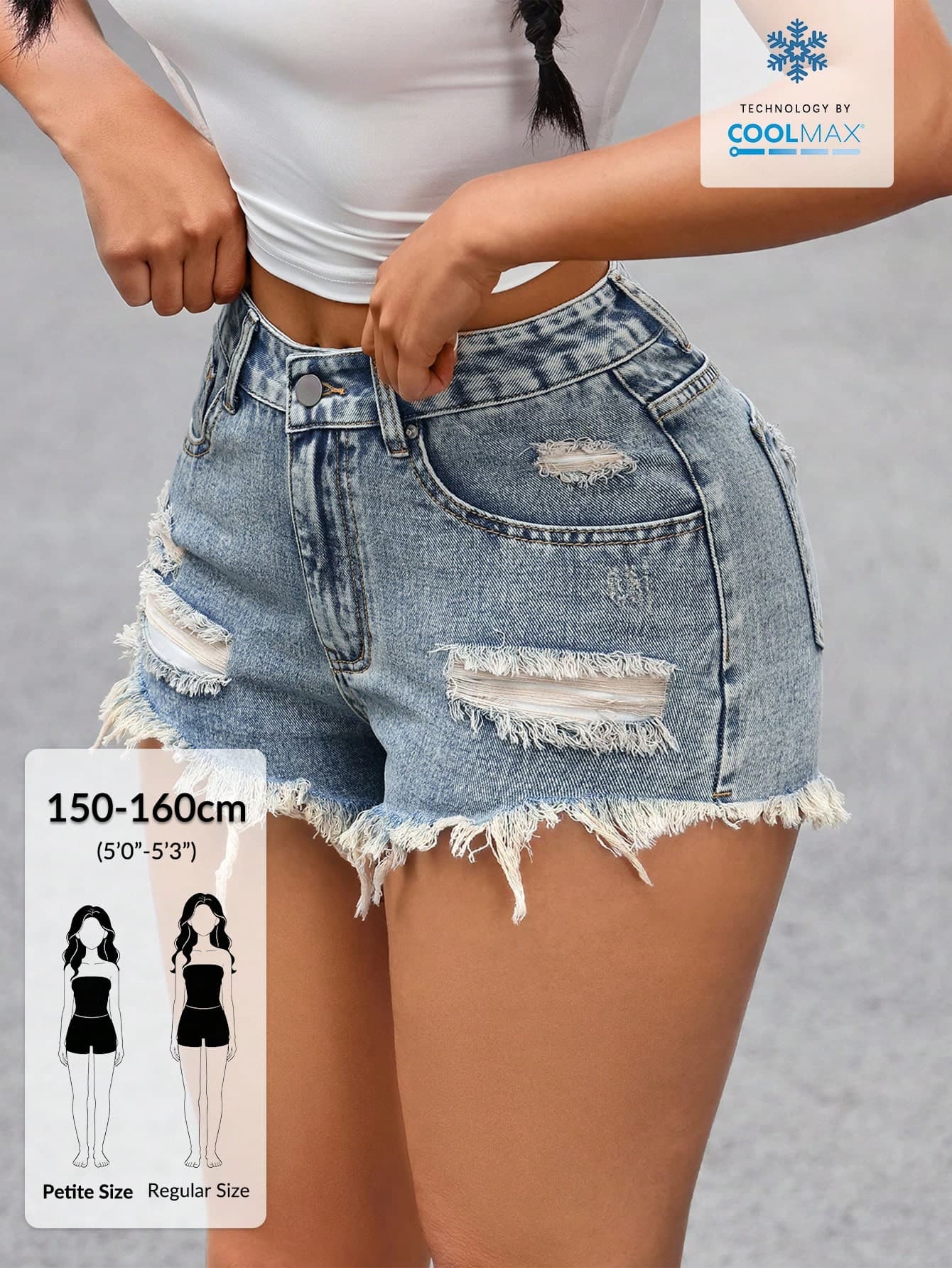SHEIN PETITE Women's Casual Distressed Frayed Hem Denim Shorts ,Petite Women