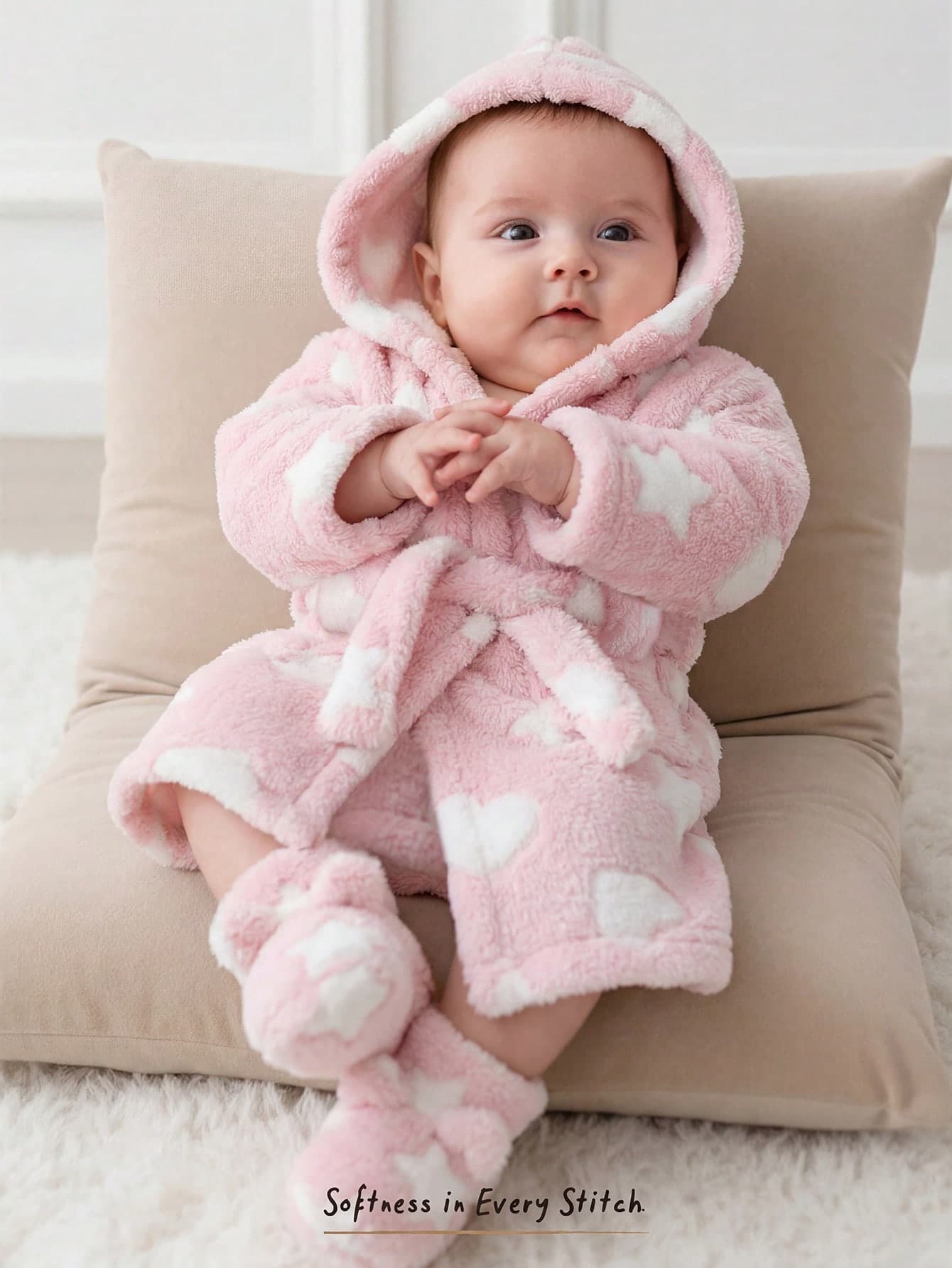 Cozy Pixies Newborn Baby Boy Baby Girl Cartoon Bear Pattern Thermal Lined Thick Hooded Long Sleeve Tie-Front Robe Autumn Winter