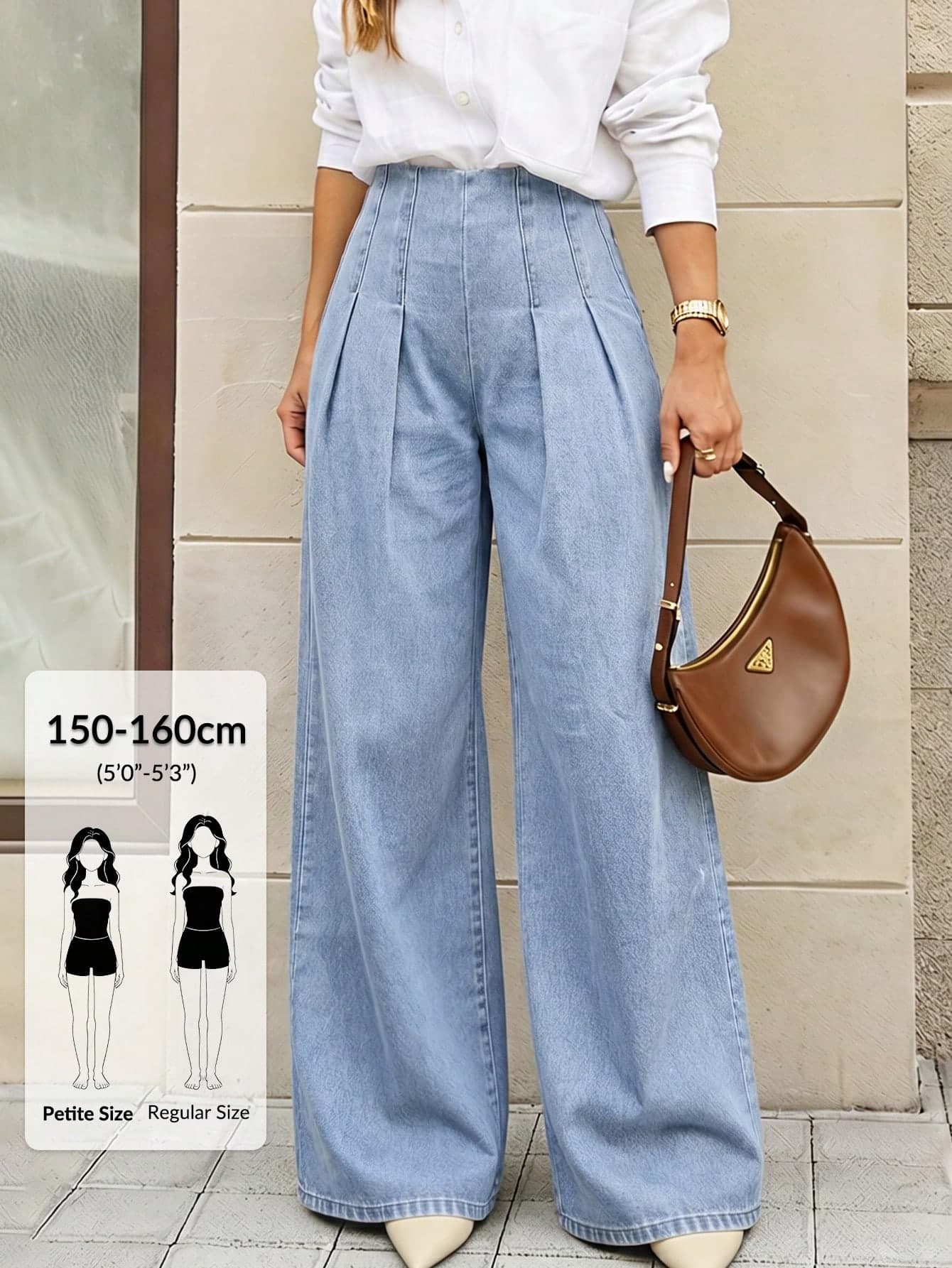 Selenza Petite Women's Solid Color Pleated High Waist Casual Smart Casual Wide Leg Jeans Work Aqua Blue Summer/Autumn,Women's Office Clothing,Old Money Style ,Petite Women