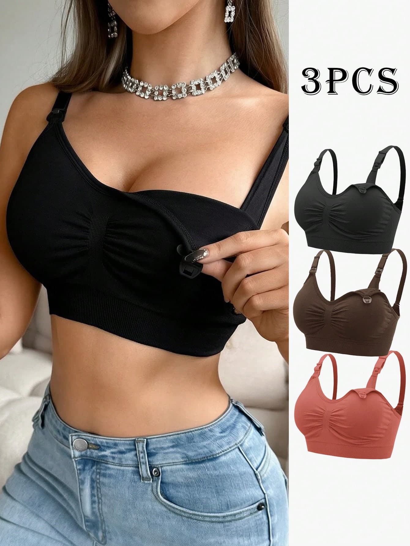 SHEIN Women's 2026 Hot-Selling Fashion Comfortable Minimalist Solid Color High Cost-Performance High Quality Seamless Maternity Nursing Bra 3pcs Set