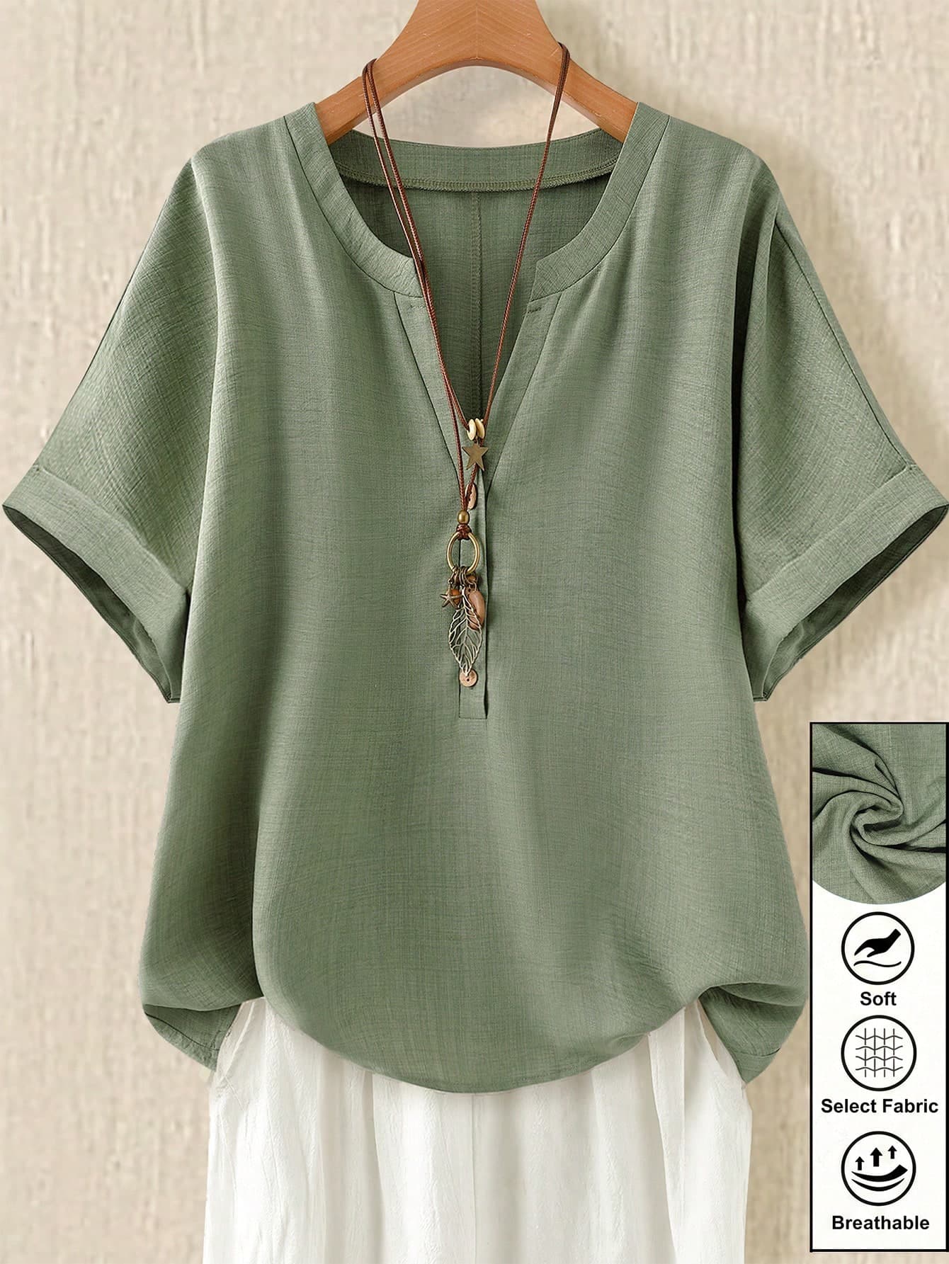 Linhara Women's Plus Size Solid Green Faux Linen Textured Fabric Notched V-Neck Folded Short Sleeve Loose H-Line Casual Daily Commute Business Work French Street Retro Beach Vacation Outfit Spring Summer New Green Shirt