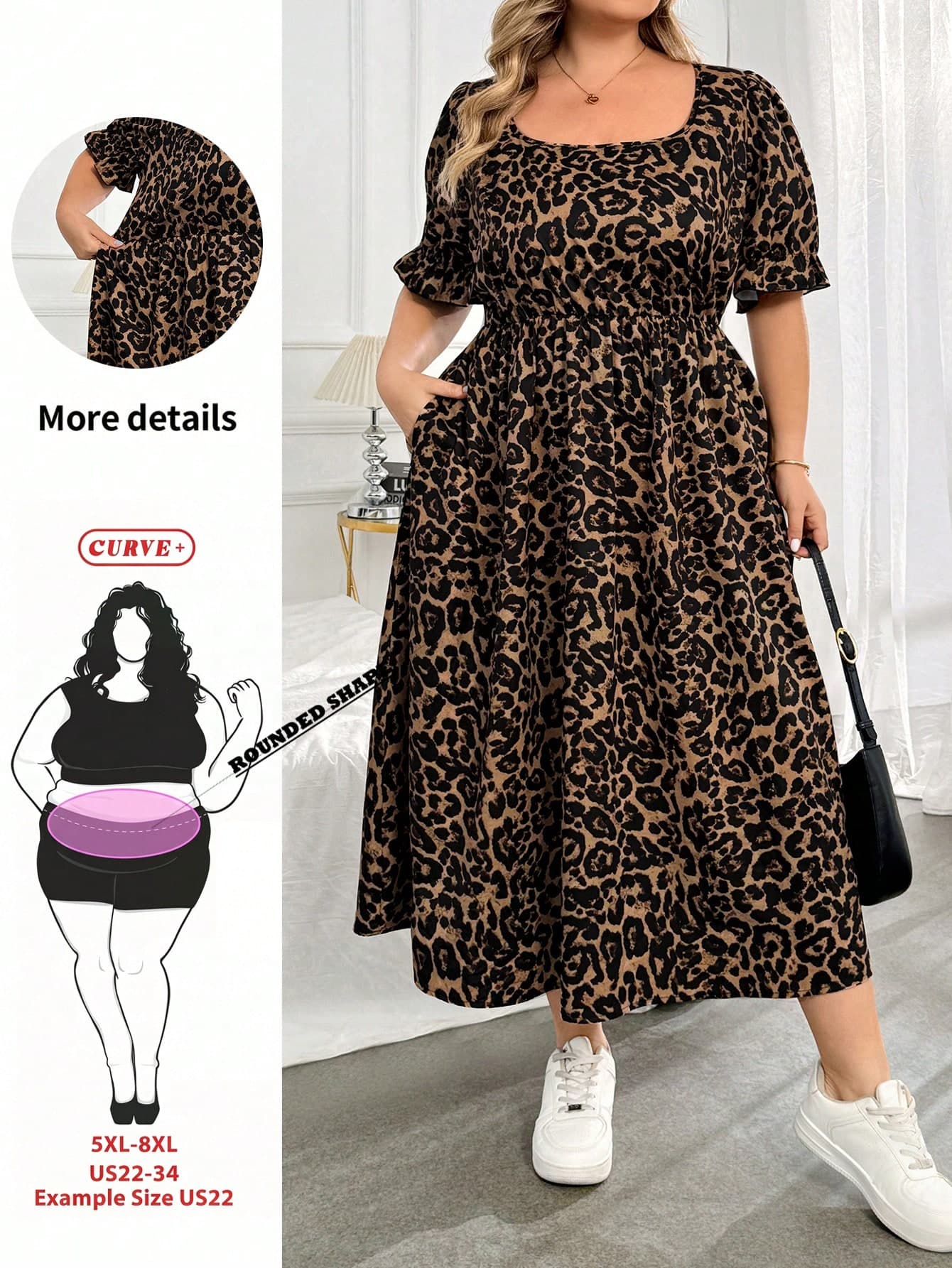 SHEIN CURVE+ Plus Size Women's Leopard Print Short Sleeve Casual Boho Elegant Dress Vacation Chocolate Brown Summer