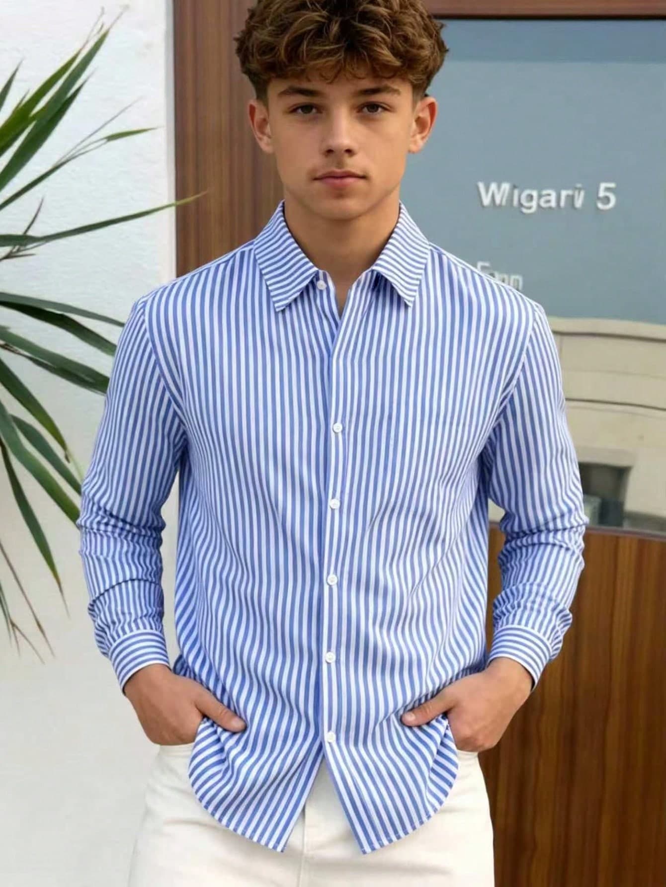 Teen Boys Blue And White Vertical Striped LongSleeve ShirtSmartCasual BusinessCasual DailyWeekendOutingsvacation Summergoing Out Tops Backto School