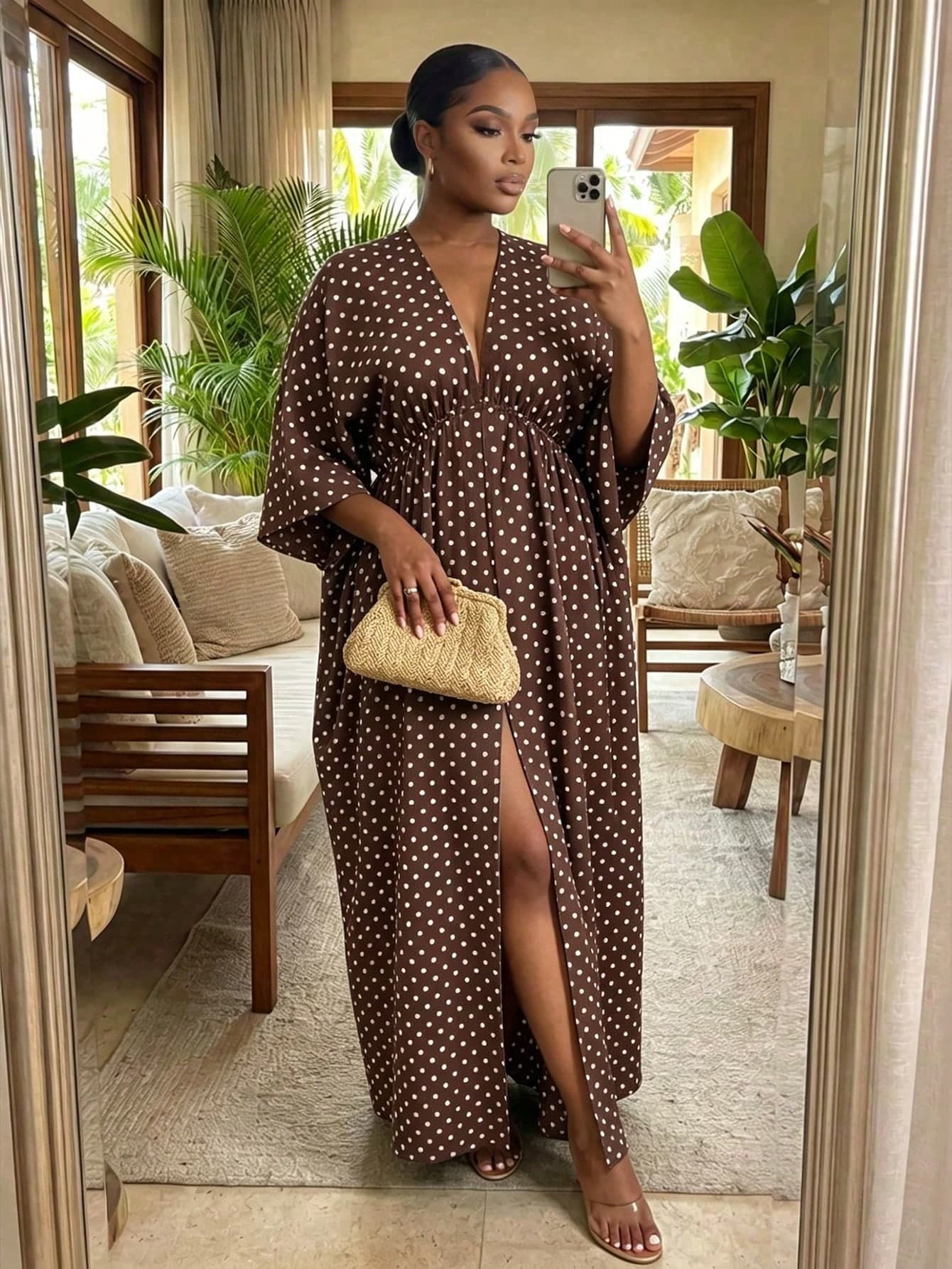 SHEIN Lady Plus Size Women's V-Neck Polka Dot Split Design Casual Party Summer Dress