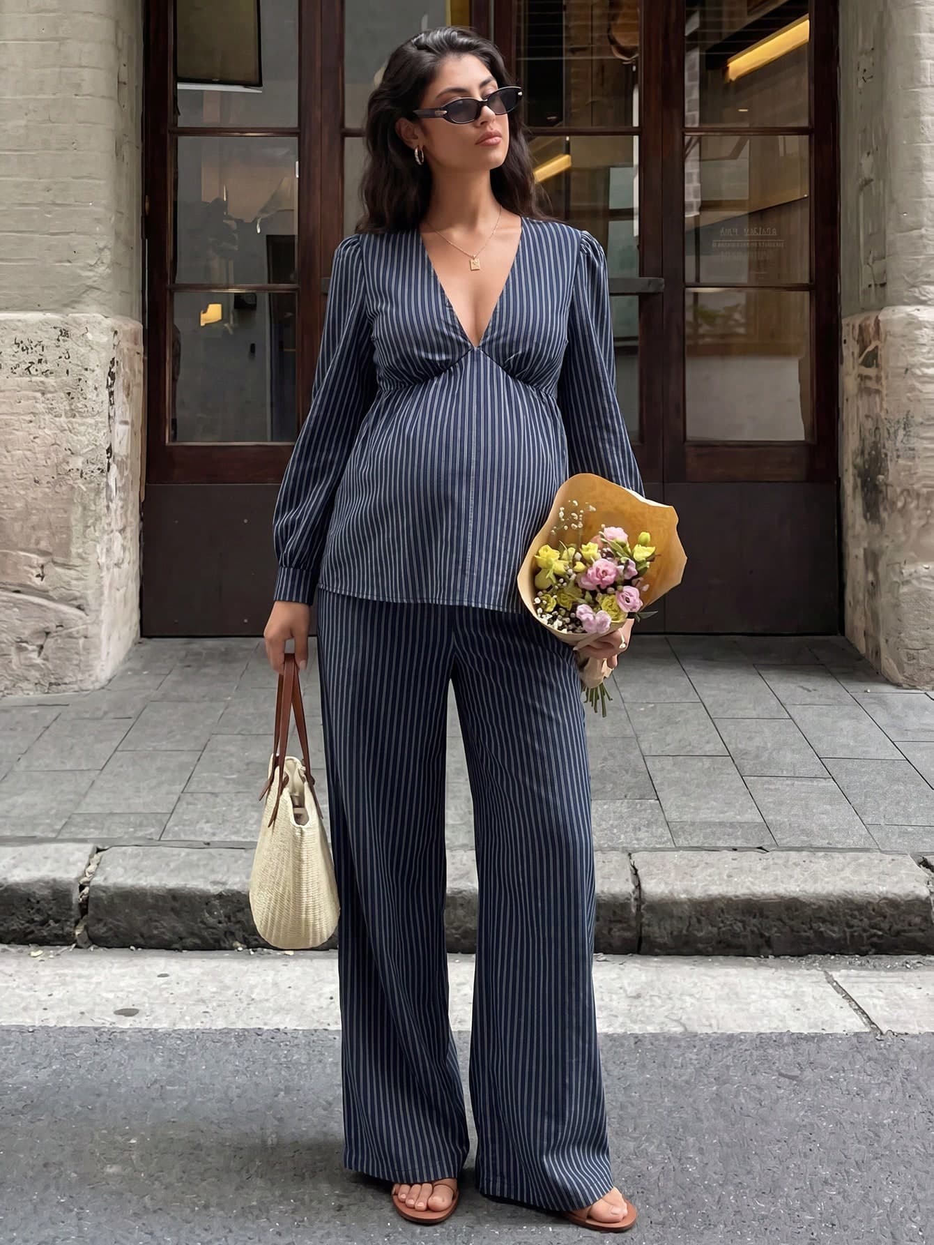 Momance 2pcs Maternity Set Lantern Long Sleeve Shirred Cup Design A-Line Top Waist Gathered Straight Leg Navy Blue Pants Photoshoot Summer Maternity Fall