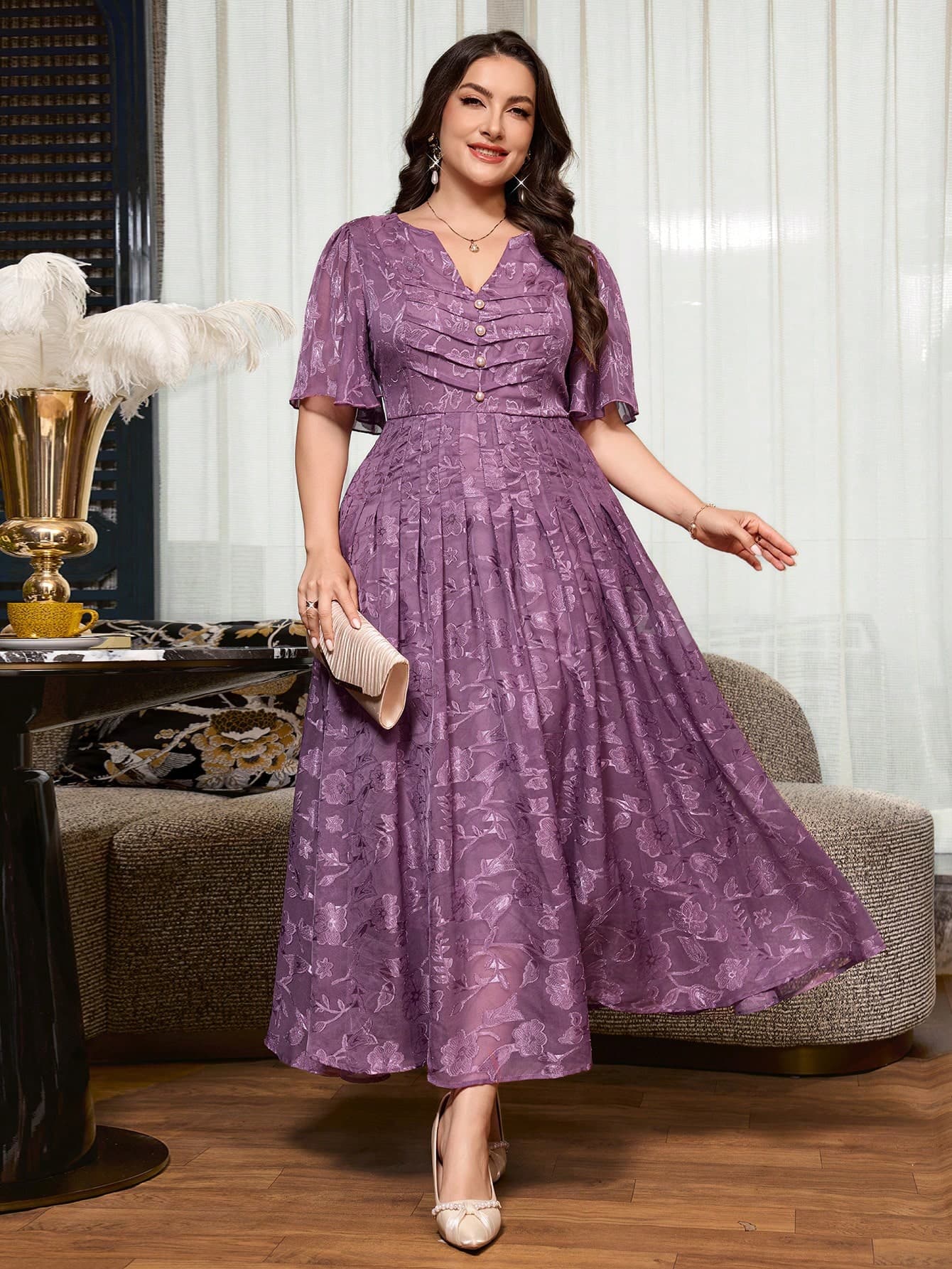 Reflora Plus Size Women's Notched V-Neck Short Sleeve Button Design Elegant Dress Wedding Dark Purple Summer