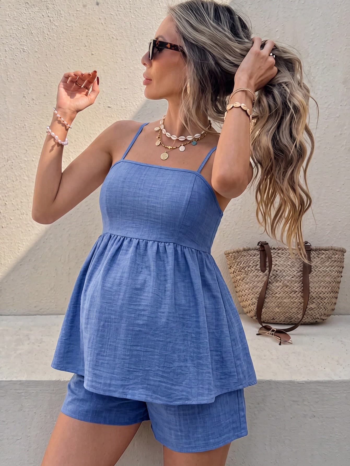 SHEIN Women's Casual Maternity Maternity Vacation Solid Color Ruffle Collar Cardigan And Shorts Set, Spring/Summer Style Photoshoot Dusty Blue Photoshoot