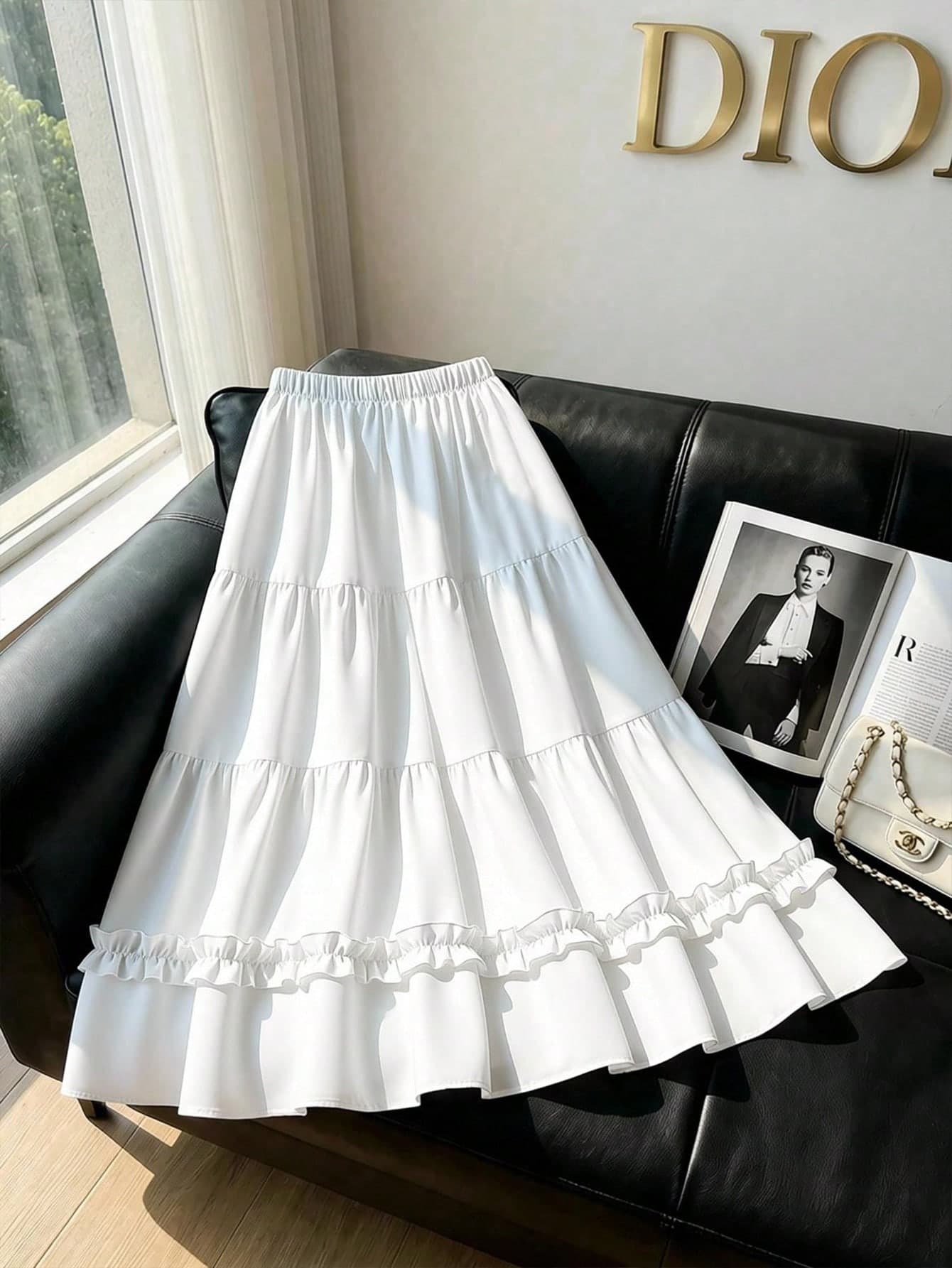 Tween Girl White And Pink Sommer Modest Picnic White Tiered Umbrella Skirt,Long Elegant Ruffled Hem Minimalist Japanese Style A-Line Kawaii Skirt