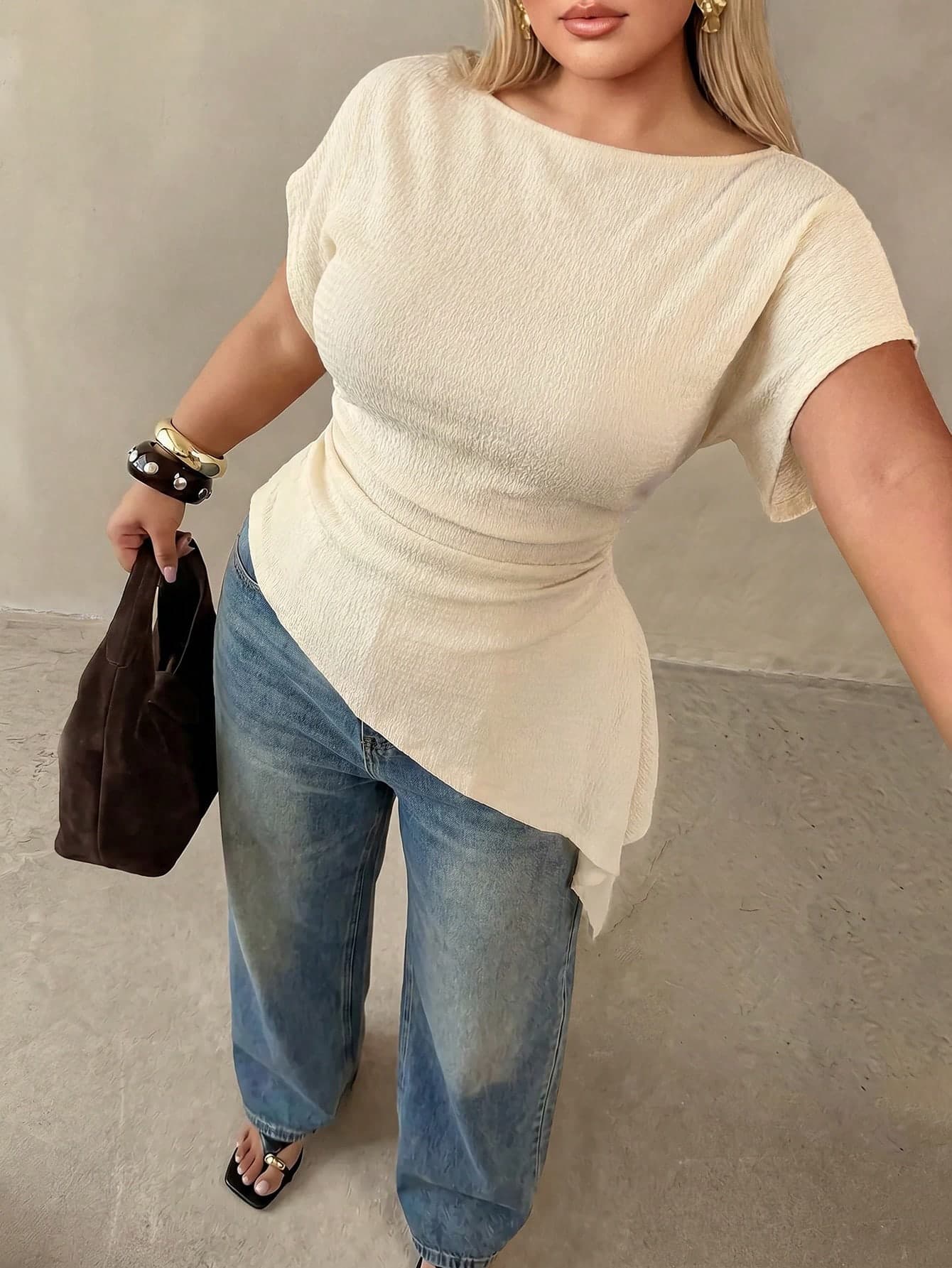 Auralis Plus Size Women Solid Color Boat Neck Batwing Short Sleeve Ruched Asymmetrical Hem Fashion T-Shirt Casual Daily Office Business Work T-Shirt For Women