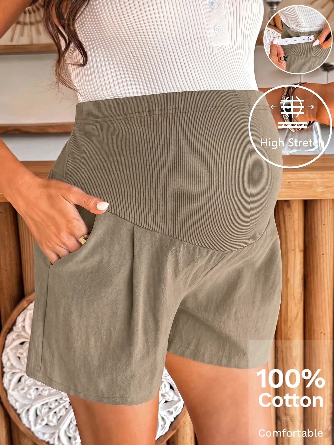 SHEIN Maternity Solid Color Adjustable Waist Casual Shorts